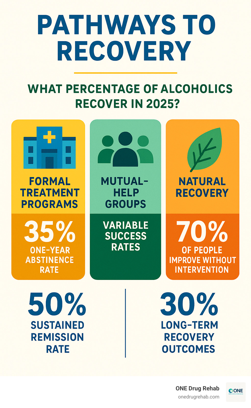 Infographic showing pathways to recovery including formal treatment programs (35% success rate), mutual-help groups like AA (variable success rates), and natural recovery (70% of people improve without intervention), with statistics on one-year abstinence rates, sustained remission rates, and long-term recovery outcomes - what percentage of alcoholics recover infographic 