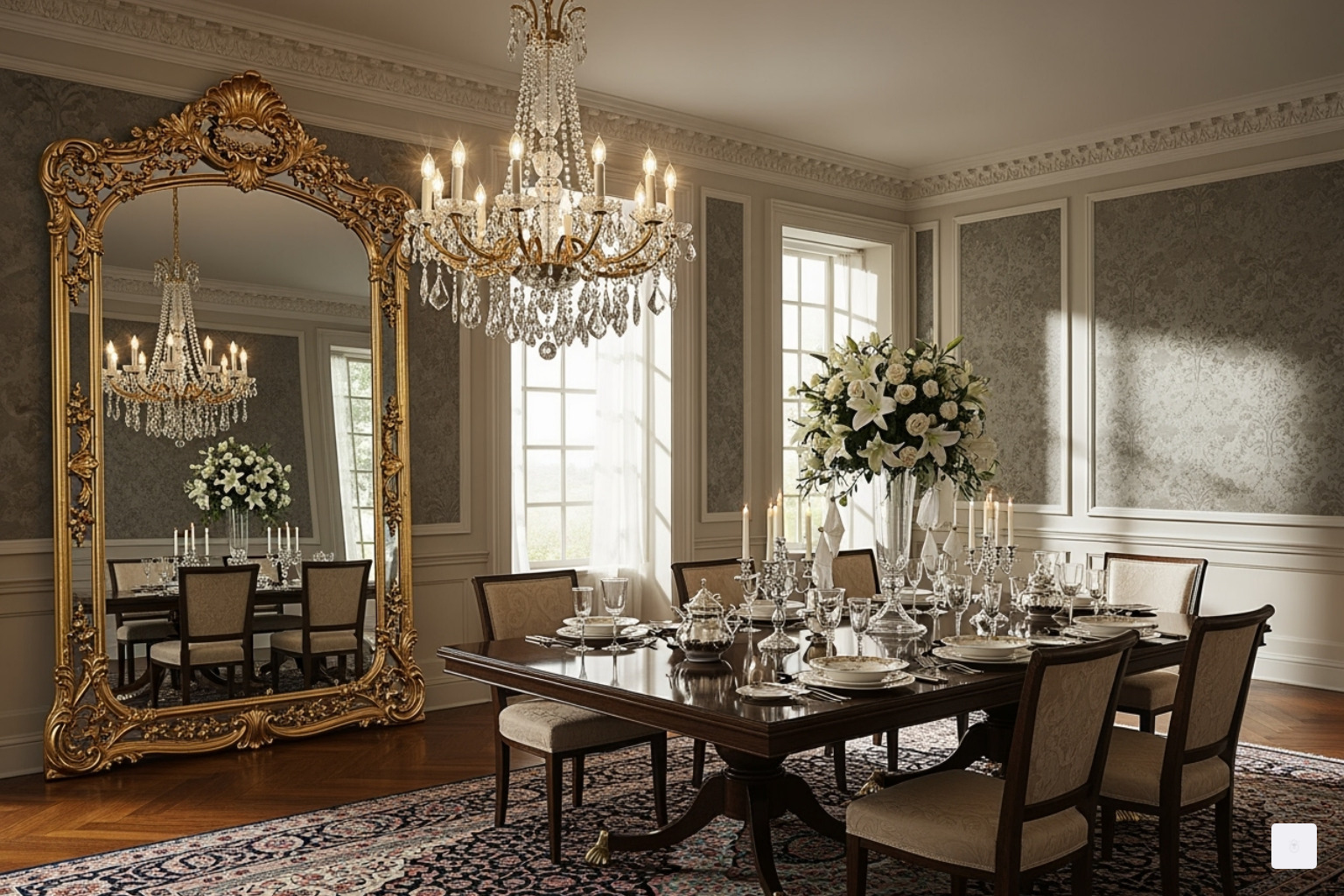 large, ornate mirror reflecting a chandelier in a dining room - dining room wall decor