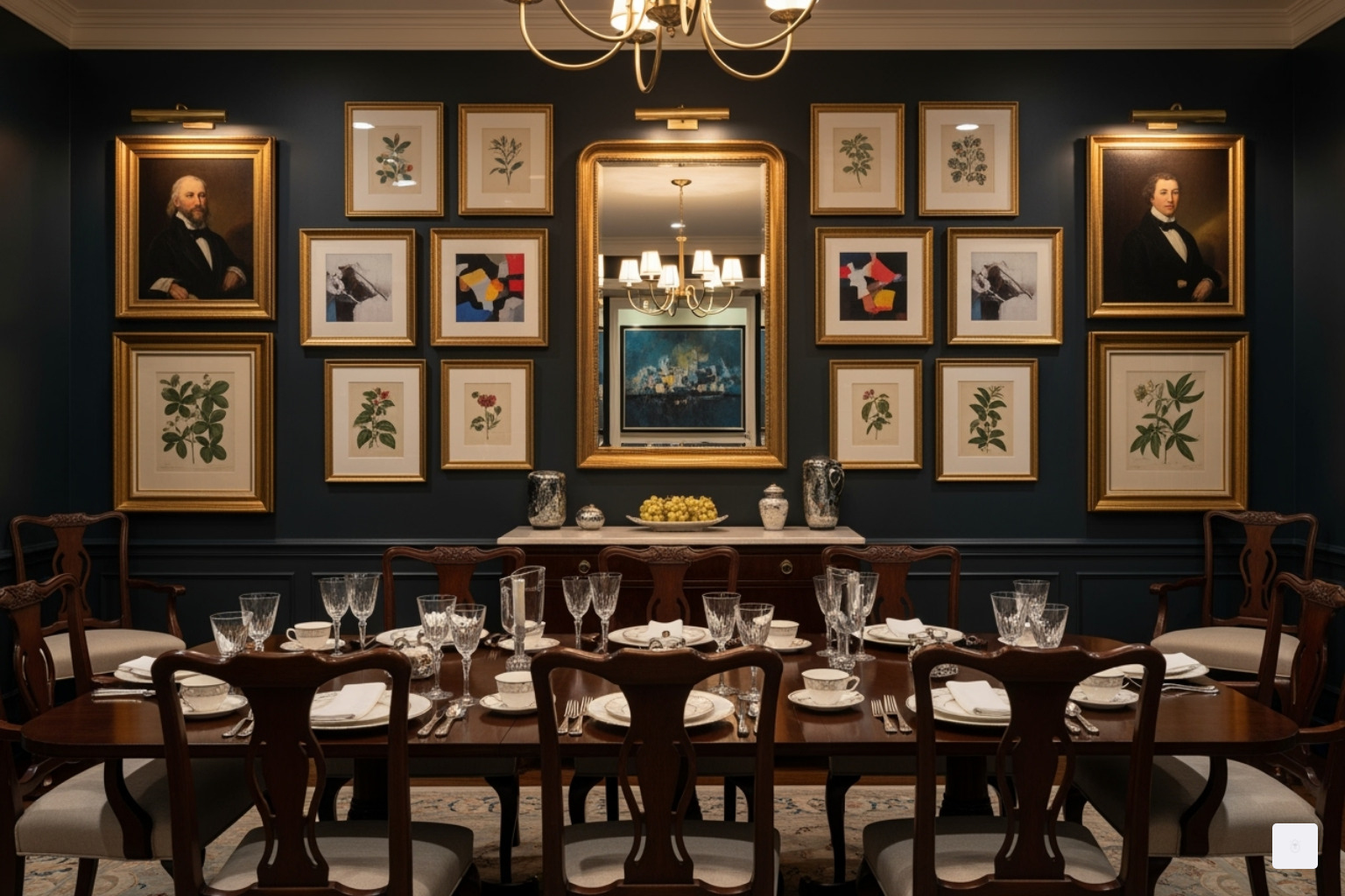 well-balanced gallery wall in a formal dining room - dining room wall decor