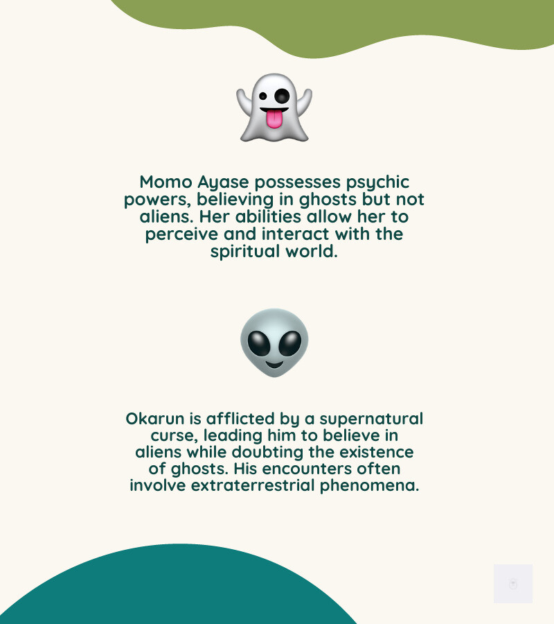 Infographic showing Dan Da Dan main characters: Momo Ayase with psychic powers who believes in ghosts but not aliens, and Okarun with supernatural curse who believes in aliens but not ghosts, plus their supernatural abilities and character dynamics - dan da dan season 2 infographic 2_facts_emoji_nature