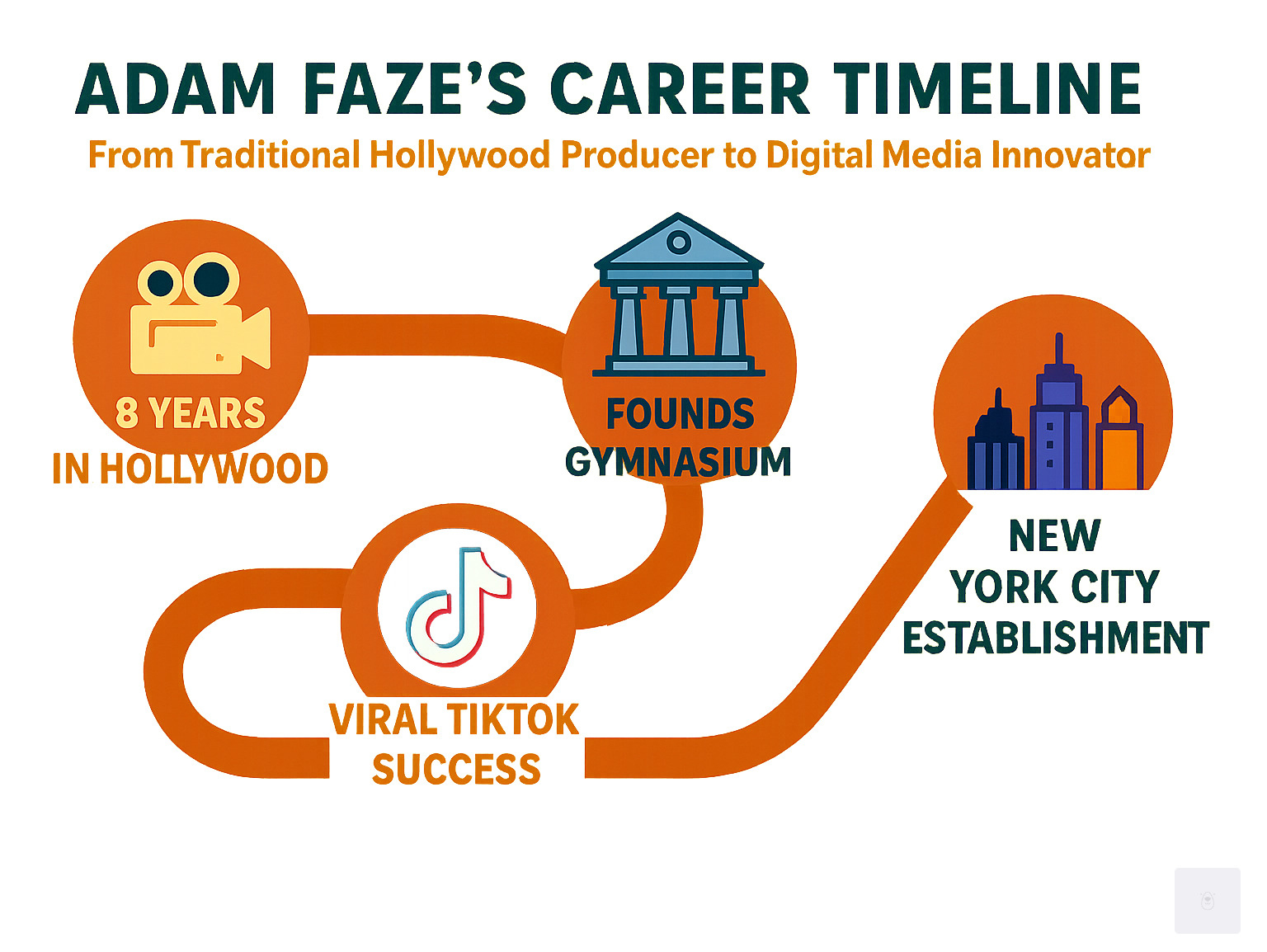 Infographic showing Adam Faze's career timeline from traditional Hollywood producer to digital media innovator, including key milestones: 8 years in Hollywood, founding Gymnasium, viral TikTok success, and establishment in New York City's media scene - adam faze infographic 