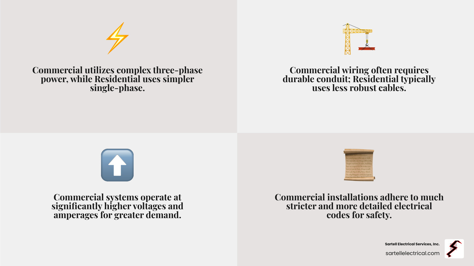 Infographic showing commercial vs residential electrical systems differences including three-phase power, conduit requirements, higher voltages, and stricter code compliance - electricians near me commercial infographic 4_facts_emoji_grey