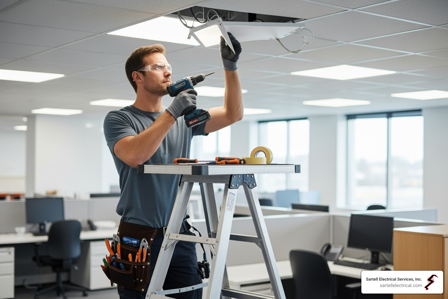 An electrician working on commercial lighting in an office - electricians near me commercial An electrician working on commercial lighting in an office - electricians near me commercial