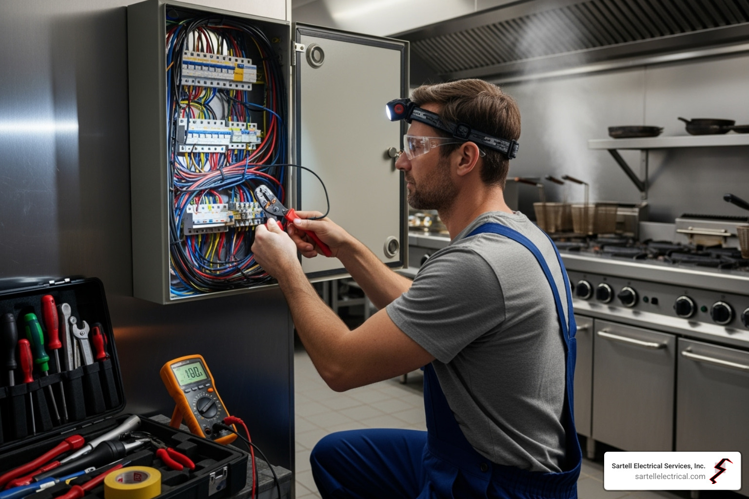 An electrician working in a specific commercial setting like a restaurant kitchen - electricians near me commercial An electrician working in a specific commercial setting like a restaurant kitchen - electricians near me commercial