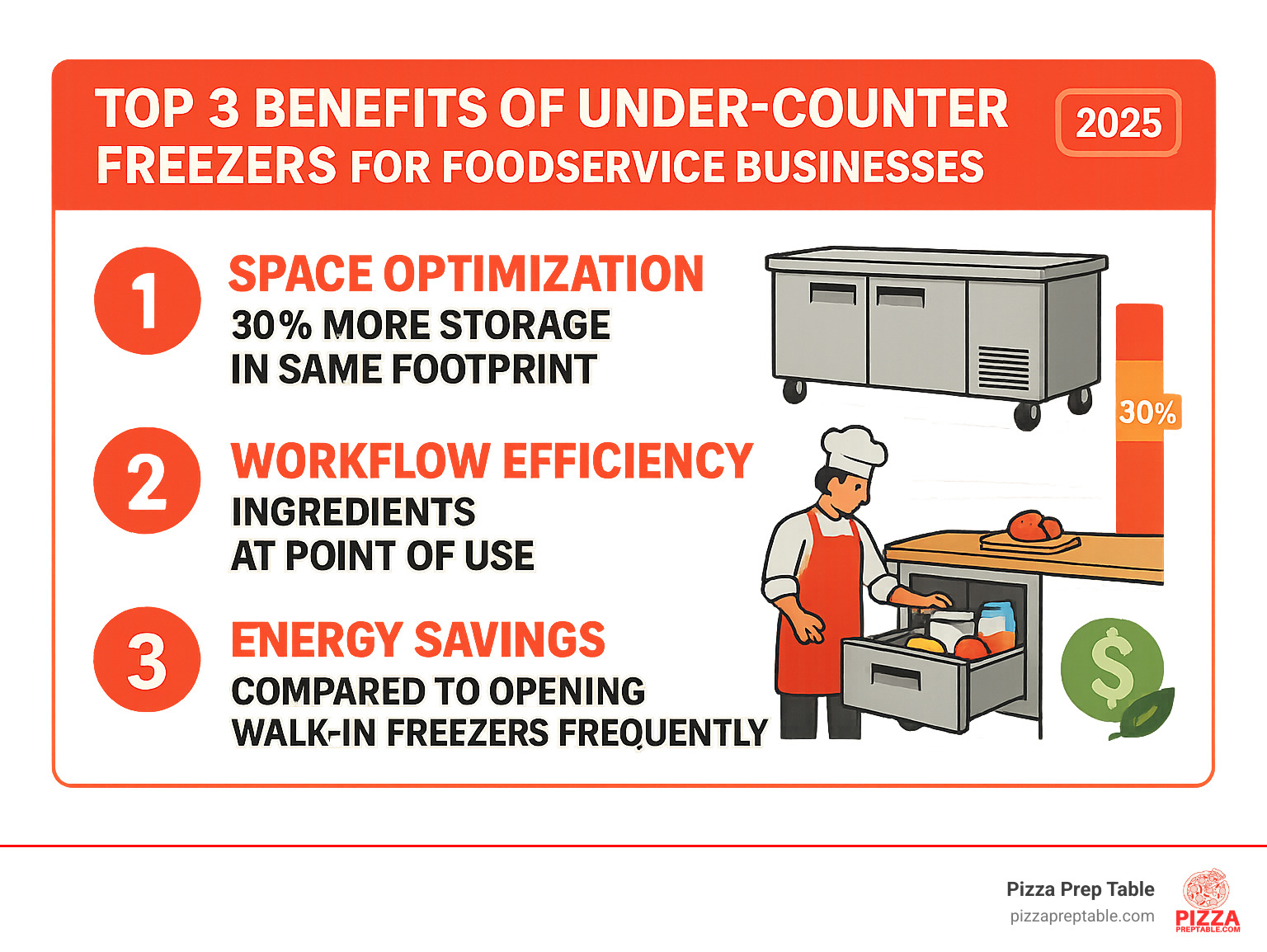 Infographic showing the top 3 benefits of under-counter freezers for foodservice businesses: 1) Space optimization with 30% more storage in same footprint, 2) Workflow efficiency with ingredients at point of use, 3) Energy savings compared to opening walk-in freezers frequently - under-counter freezer infographic  Infographic showing the top 3 benefits of under-counter freezers for foodservice businesses: 1) Space optimization with 30% more storage in same footprint, 2) Workflow efficiency with ingredients at point of use, 3) Energy savings compared to opening walk-in freezers frequently - under-counter freezer infographic