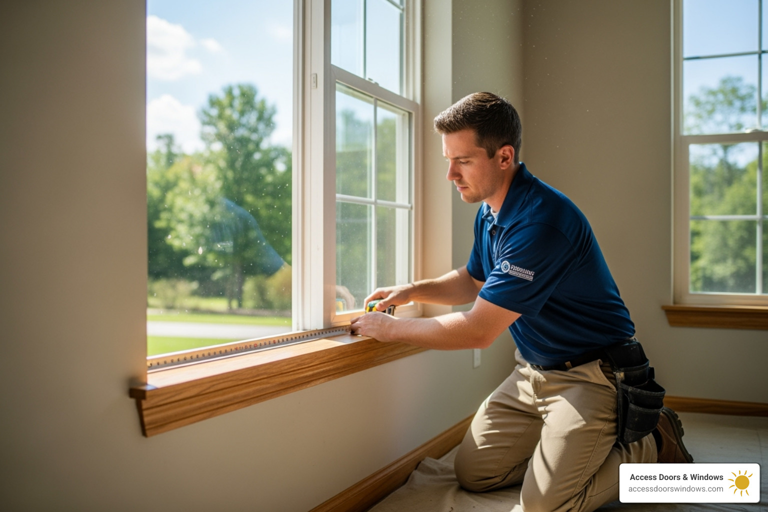 uniformed contractor carefully measuring a window opening - impact window contractors