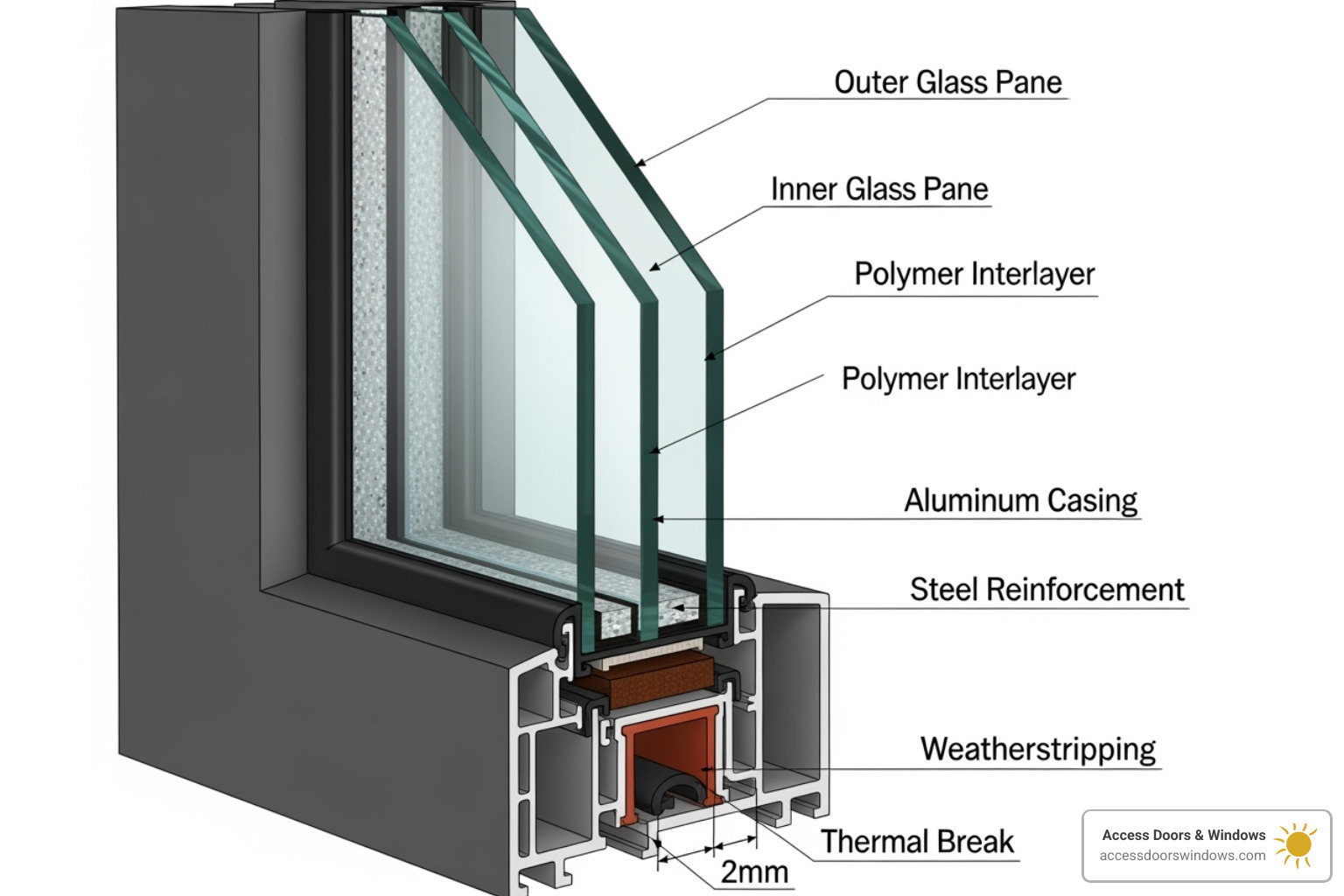 cross-section of an impact window showing the laminated glass layers - impact window contractors