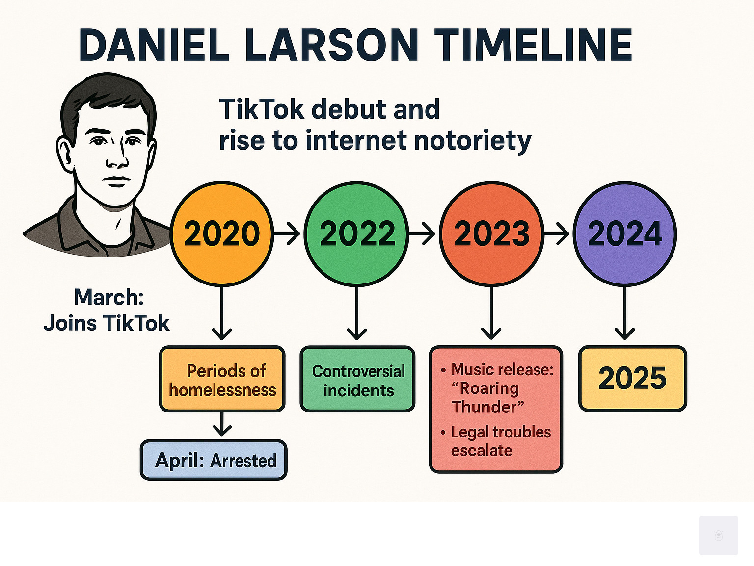 Infographic showing Daniel Larson's timeline from his 2020 TikTok debut through his rise to internet notoriety, periods of homelessness, controversial incidents, music releases including "Roaring Thunder," escalating legal troubles, and his April 2024 arrest leading to current federal custody and mental health evaluation - daniel larson infographic 