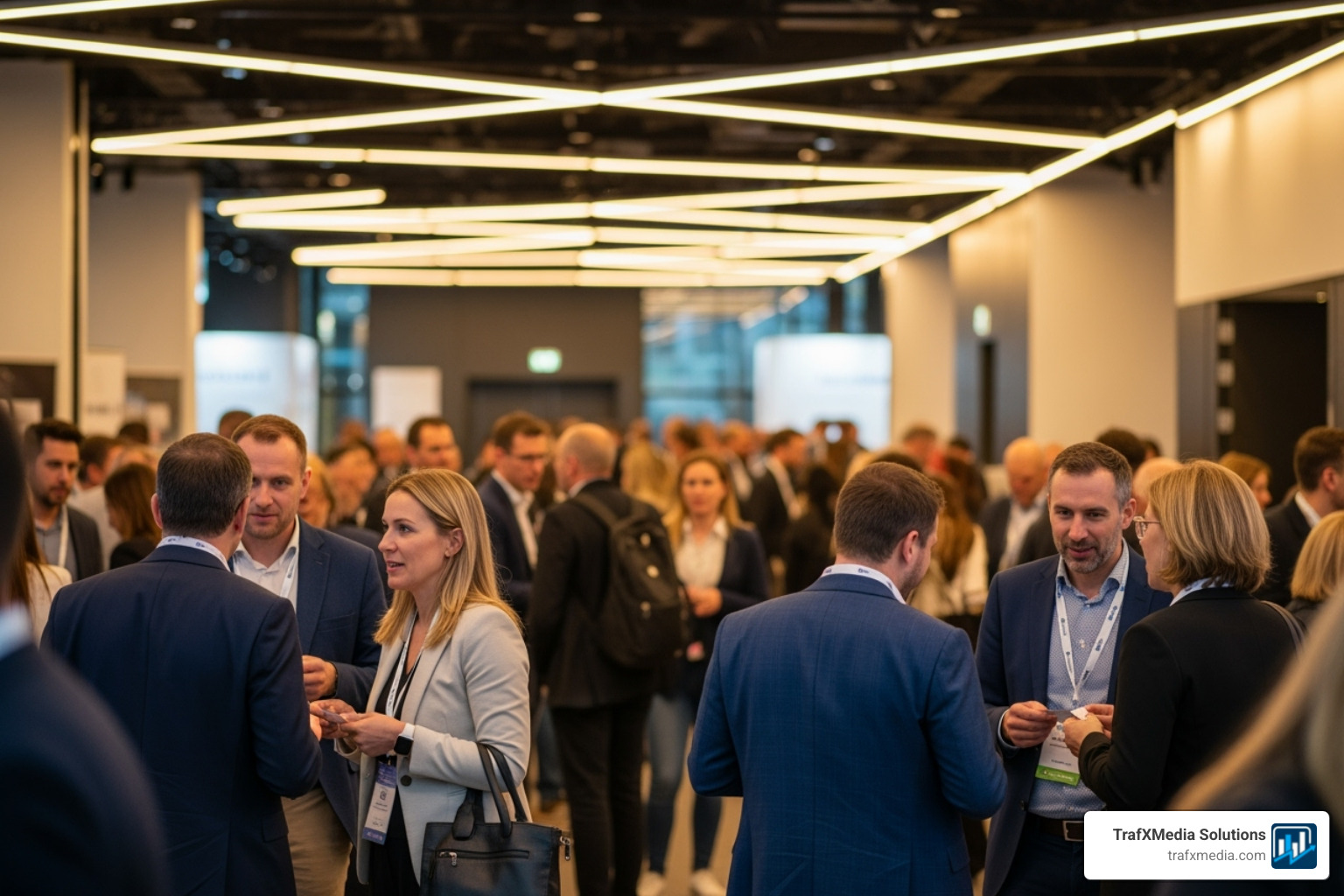 A busy, well-lit business networking event with attendees (primarily Caucasian) exchanging business cards and talking - Small business marketing San Francisco