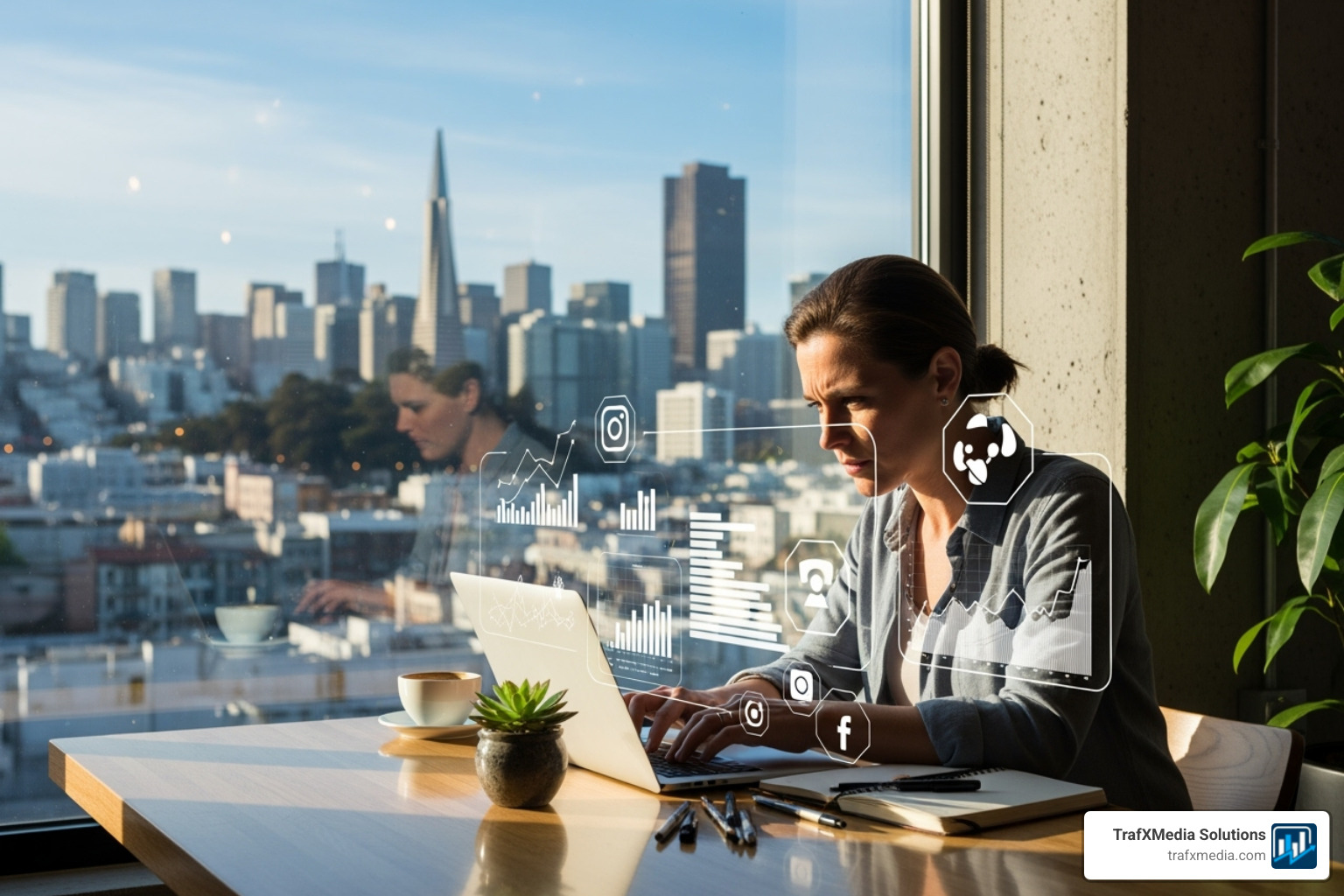 A Caucasian small business owner at a laptop in a bright, modern cafe, with charts and social media icons overlaid, and the San Francisco skyline visible through the window - Small business marketing San Francisco