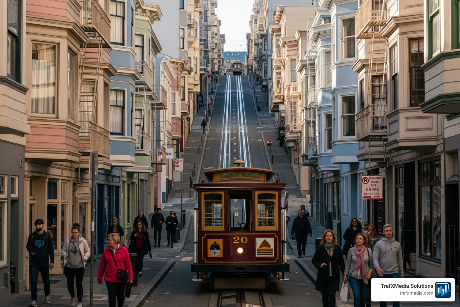 A cable car climbing a hill with various small storefronts visible, showcasing the unique architecture and density of the city, with Caucasian individuals visible - Small business marketing San Francisco