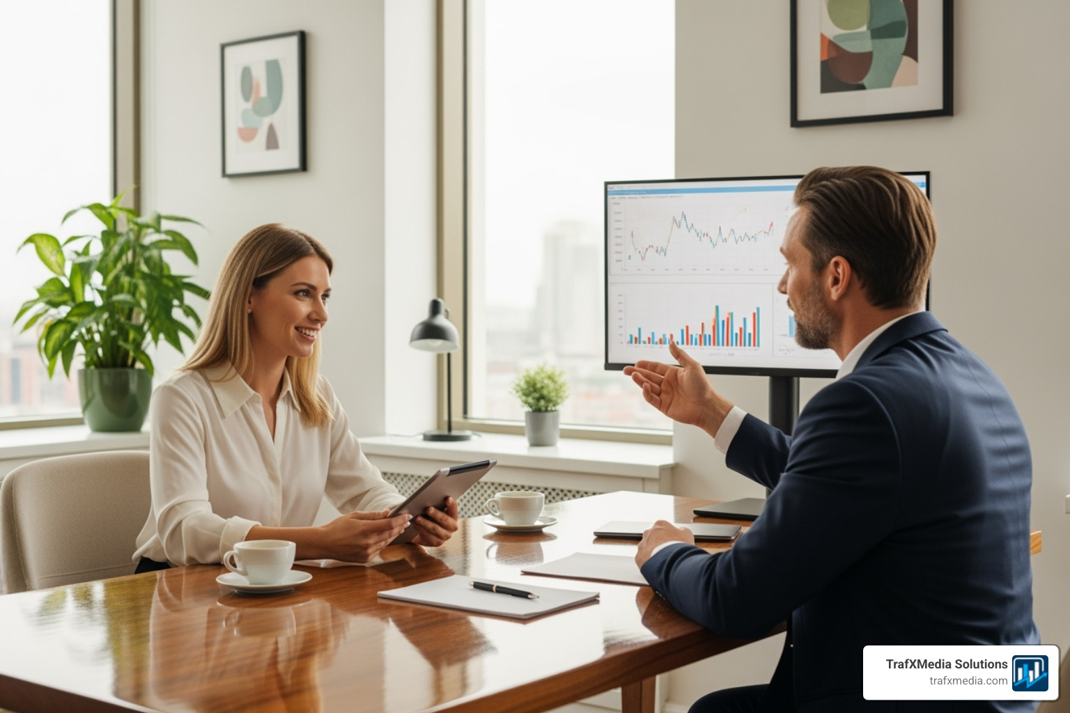 A friendly, professional consultation between a business owner and an advisor in a bright office setting, with Caucasian individuals - Small business marketing San Francisco