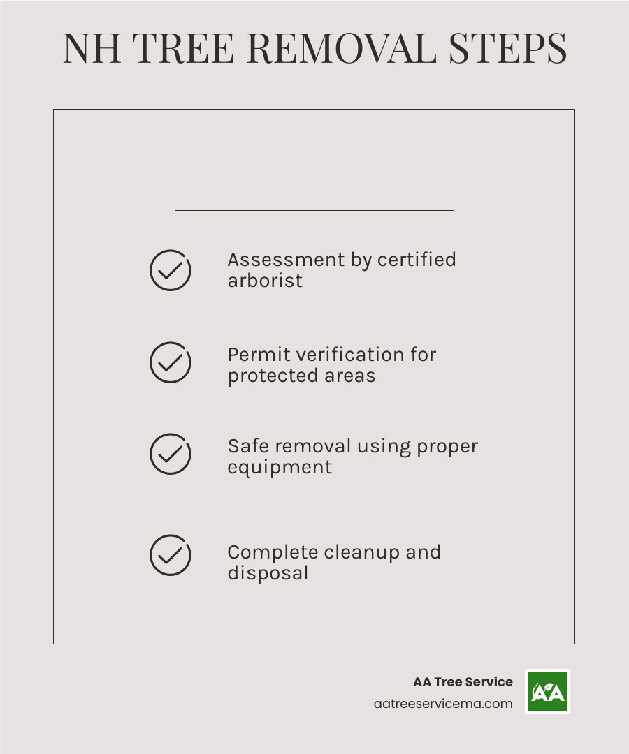 Infographic showing the 4 key steps to professional tree removal in New Hampshire: Assessment by certified arborist, Permit verification for protected areas, Safe removal using proper equipment, and Complete cleanup and disposal - NH Tree Removal infographic checklist-light-beige