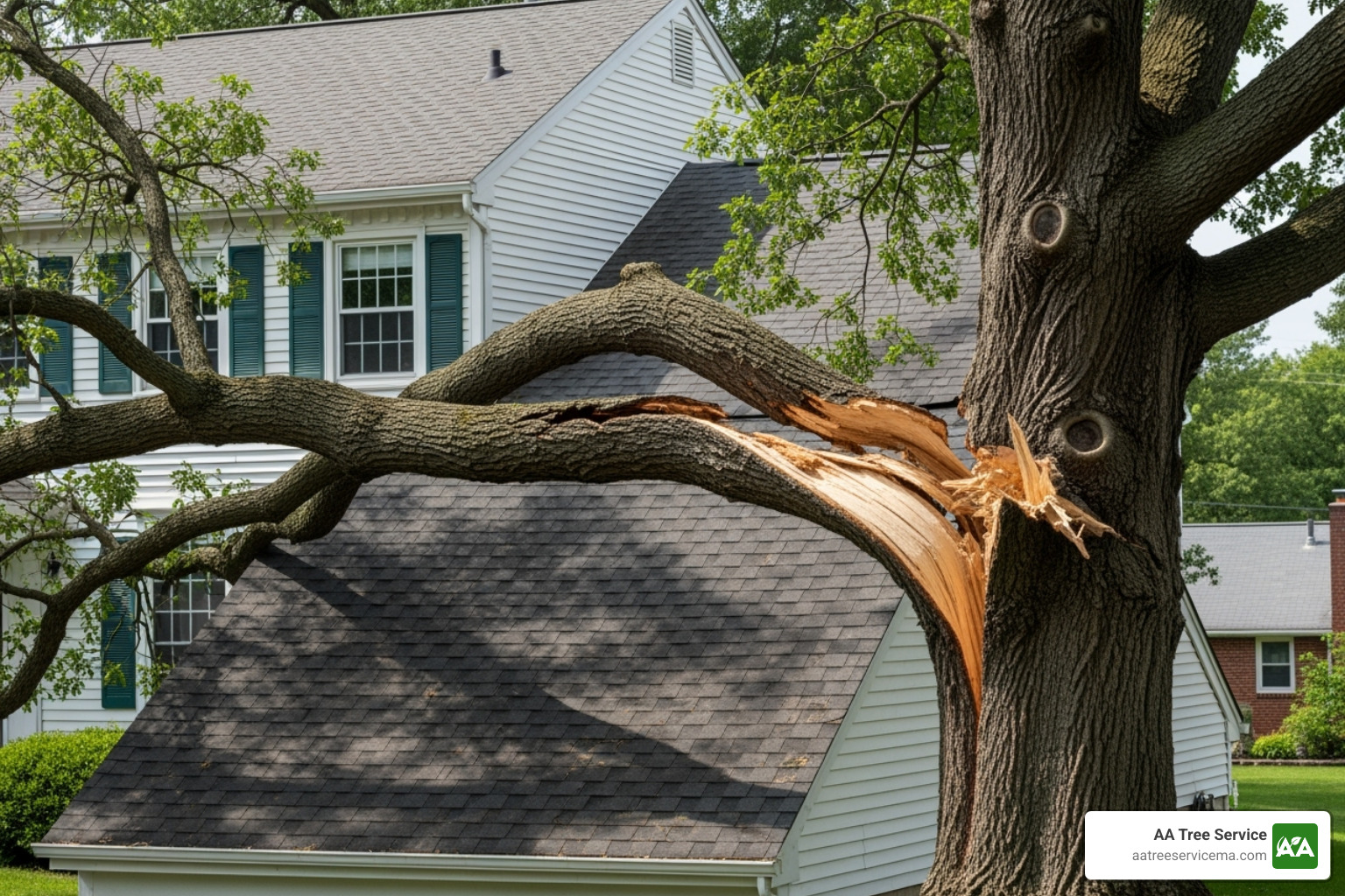 Tree with a large, cracked limb hanging over a roof - NH Tree Removal