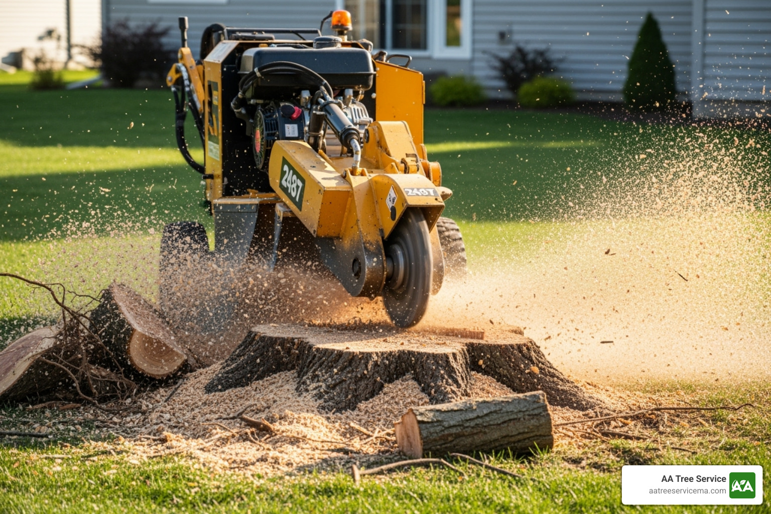 Stump grinder in action - NH Tree Removal