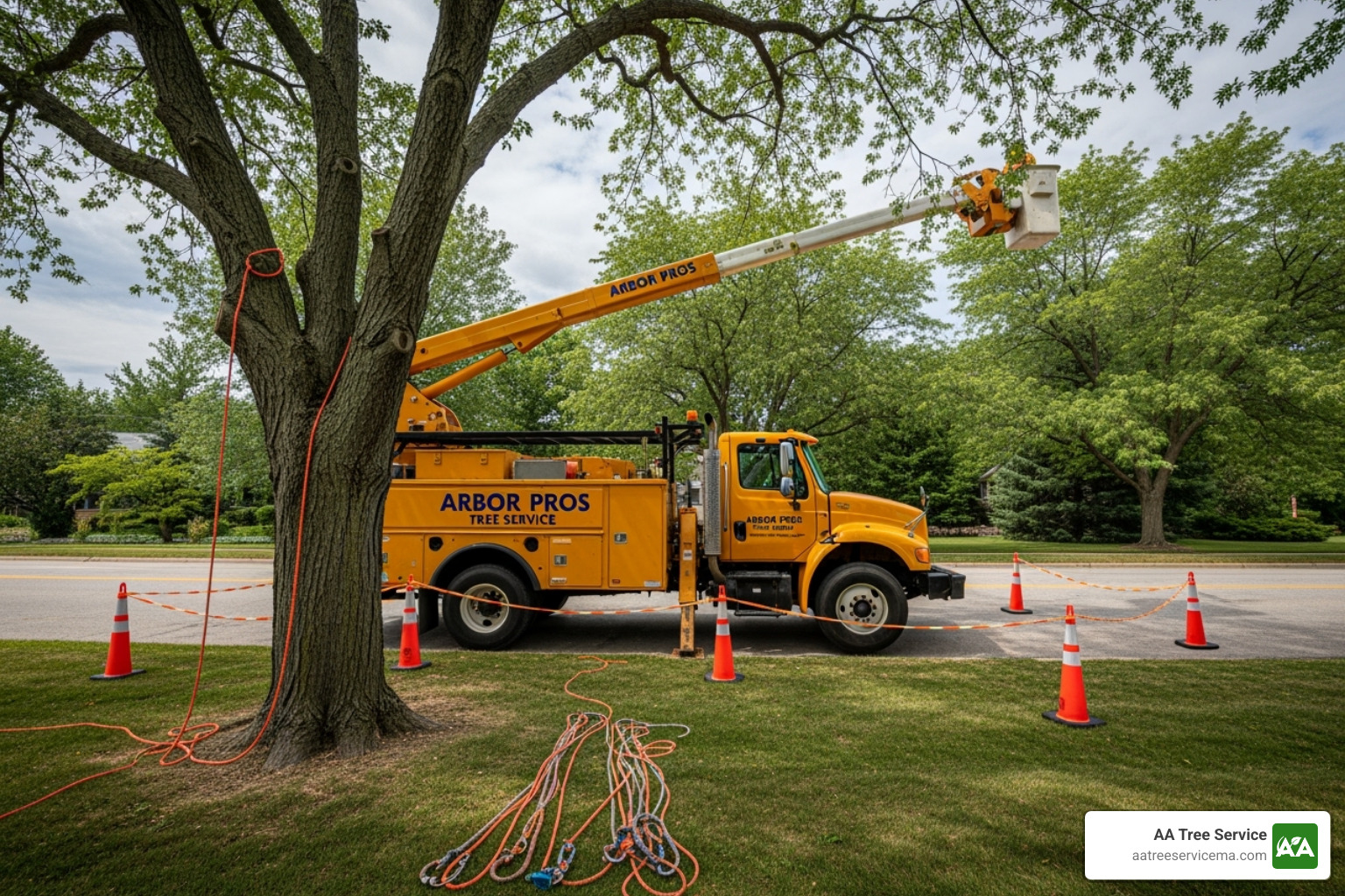 Professional tree service crew with a bucket truck and safety gear - NH Tree Removal