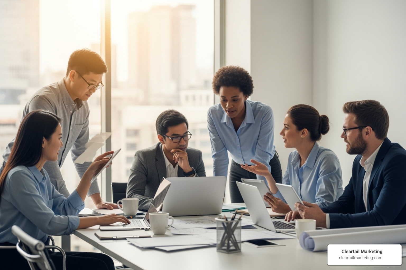 diverse group of engineers and procurement managers researching on laptops and tablets - digital marketing for manufacturers