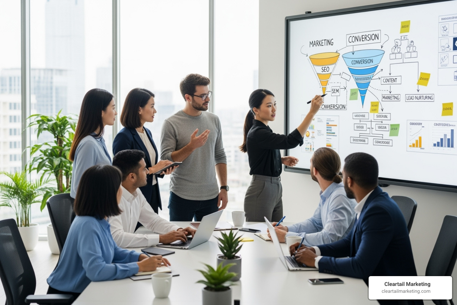 team collaborating around a whiteboard with marketing funnel diagrams - digital marketing for manufacturers