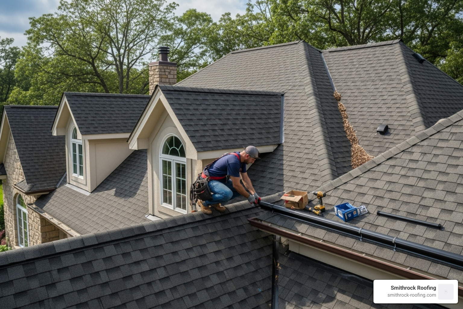 a professional installer working on a two-story home's complex roofline - cost to install gutter guards per foot