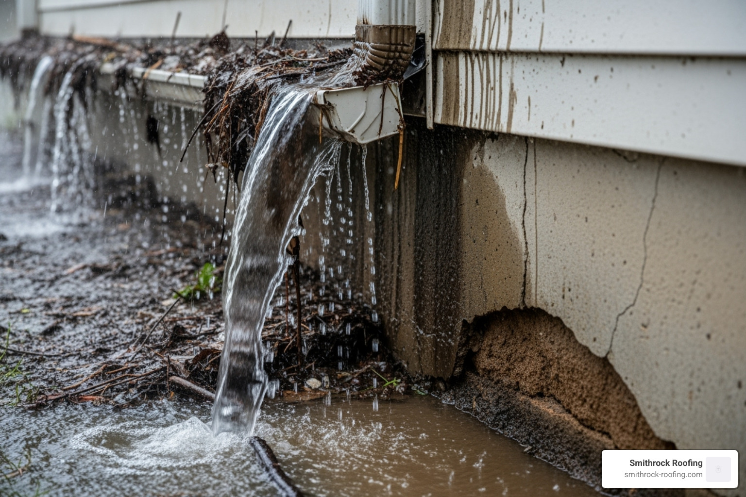 water overflowing from a clogged gutter and causing damage to a home's foundation - cost to install gutter guards per foot