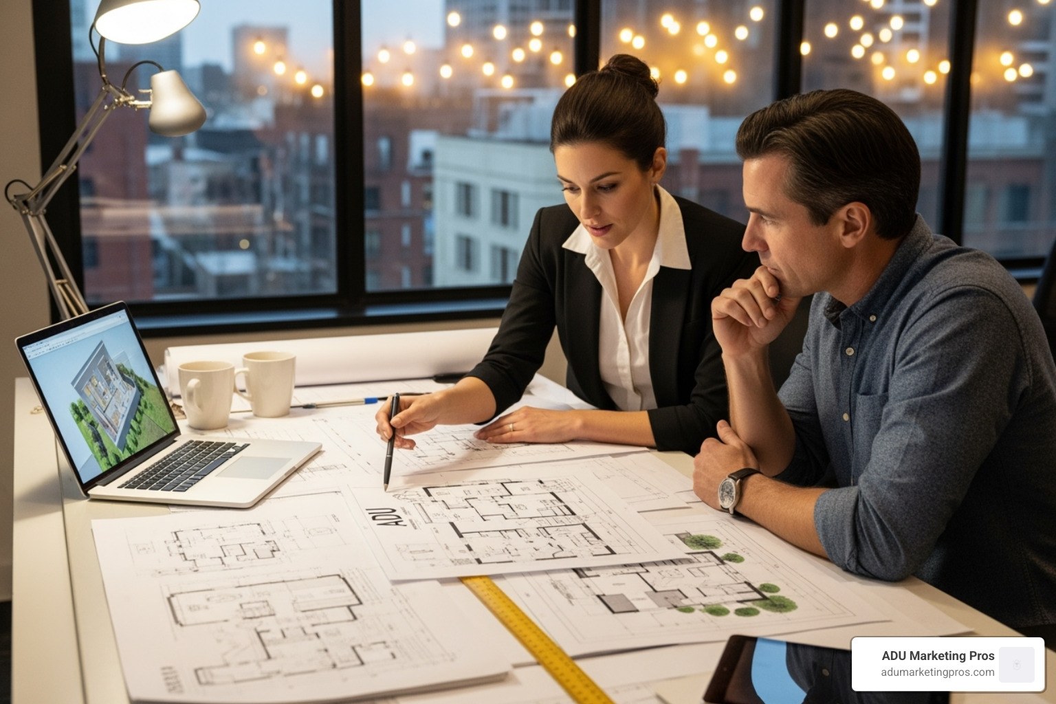 An architect and a homeowner reviewing detailed ADU blueprints together in an office setting - adu architect los angeles cost