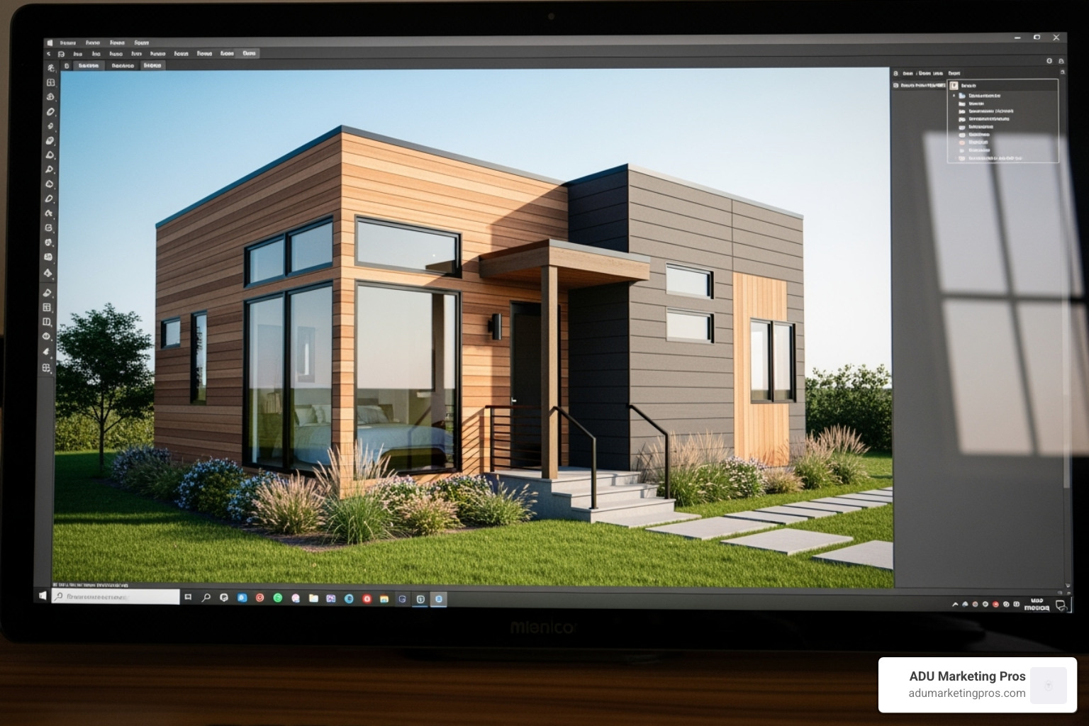 A 3D architectural rendering of an ADU on a computer screen, showcasing detailed design and material choices - adu architect los angeles cost