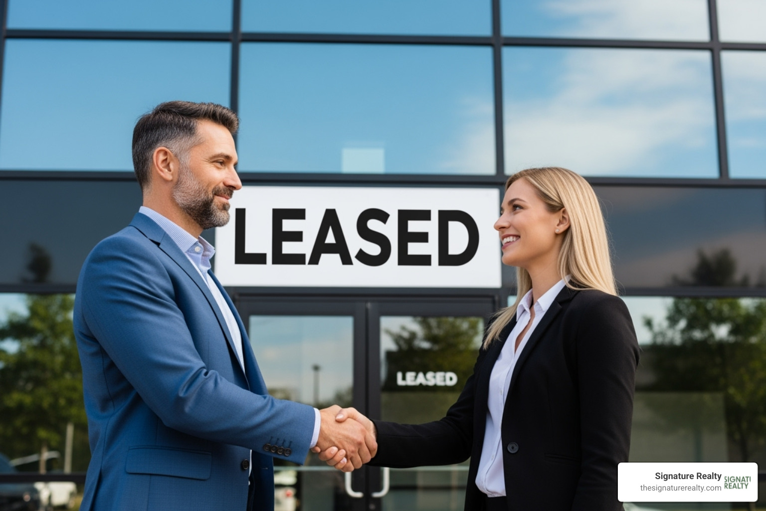 Business owner shaking hands with a real estate agent in front of a 'Leased' sign - Tenant representation Florida