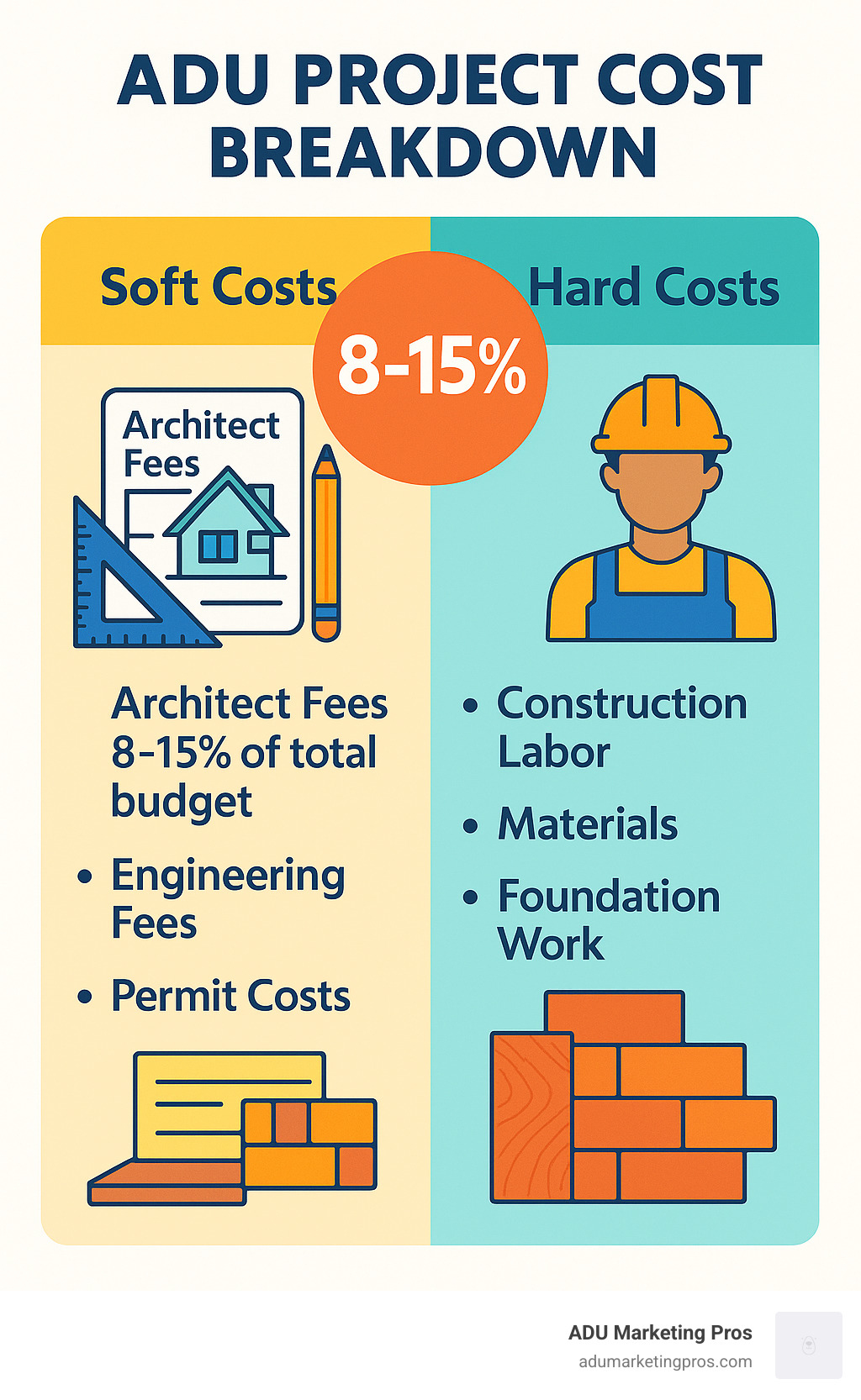 Infographic showing ADU project cost breakdown with soft costs including architect fees at 8-15% of total budget, engineering fees, and permit costs versus hard costs including construction labor, materials, and foundation work - adu architect los angeles cost infographic 