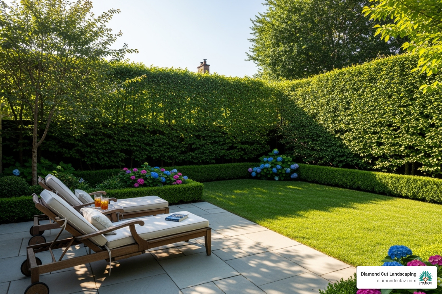 private backyard with a tall hedge and comfortable lounge chairs - arizona backyard landscaping