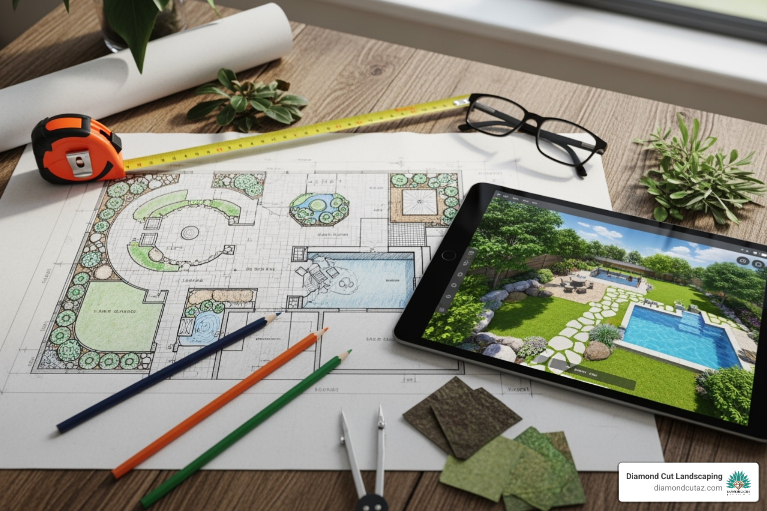 landscape design plan on paper next to a tablet showing a 3D rendering - arizona backyard landscaping