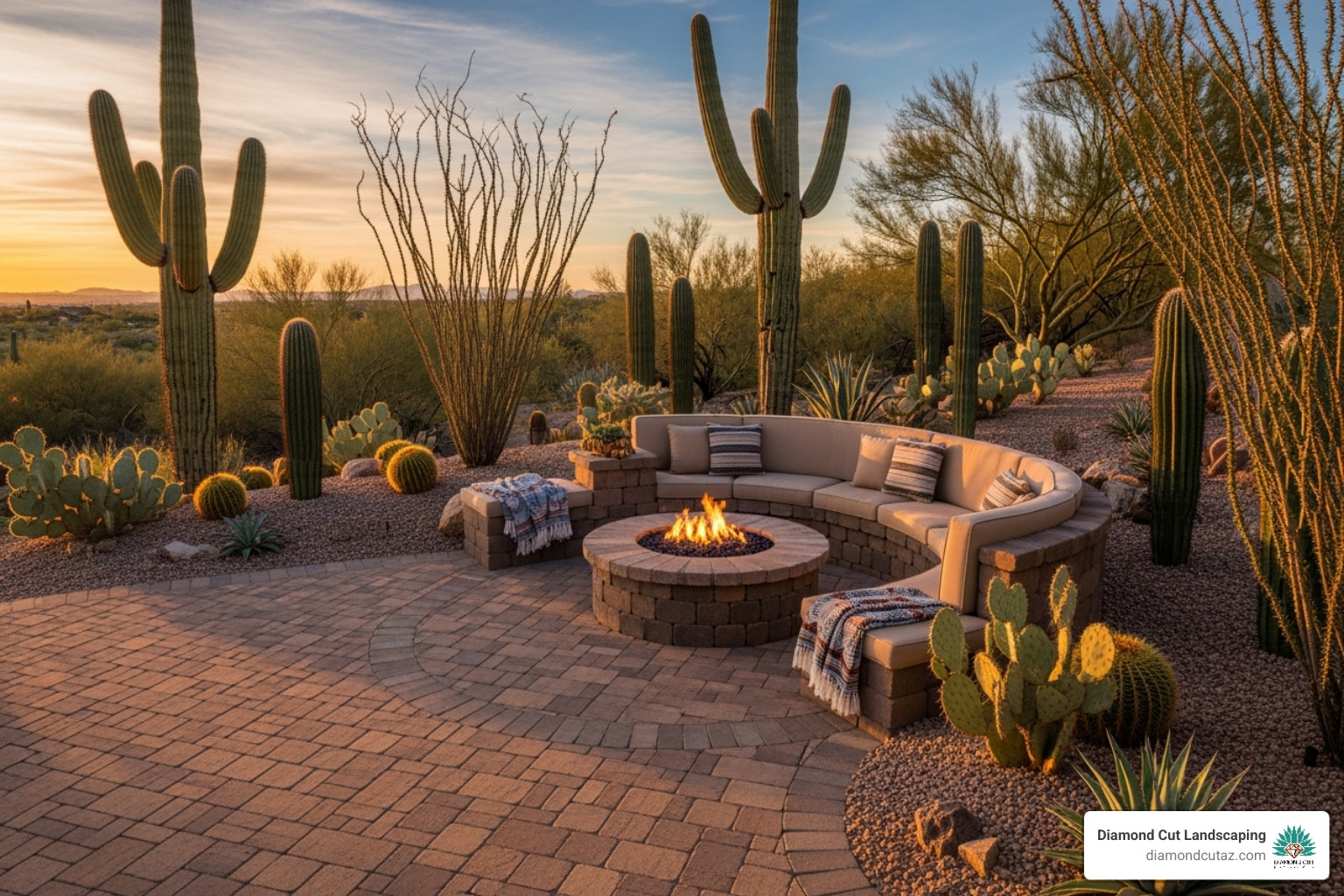 stylish paver patio with a built-in fire pit and seating area - arizona backyard landscaping