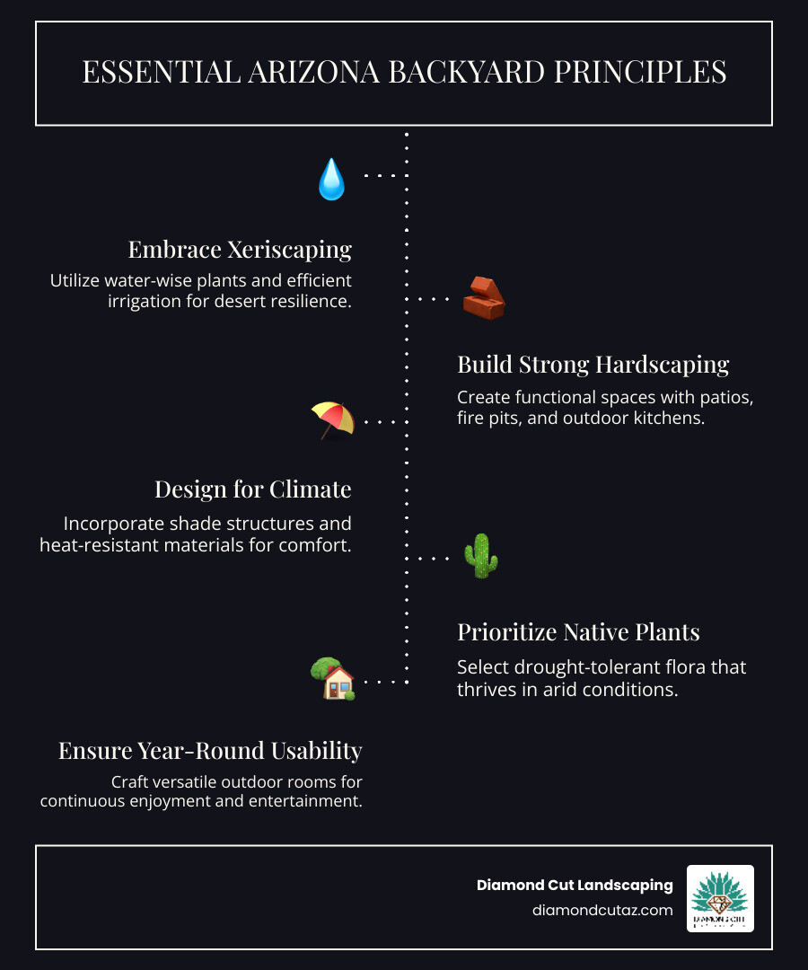 Arizona backyard landscaping principles including xeriscaping techniques, native plant selection, hardscape integration, shade structure placement, water conservation methods, entertainment area design, and year-round usability considerations - arizona backyard landscaping infographic infographic-line-5-steps-dark