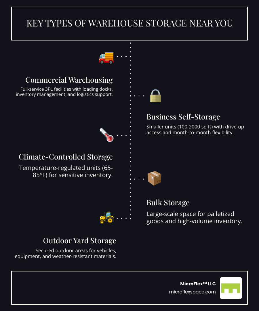 Types of warehouse storage options including indoor palletized storage, climate-controlled units, bulk floor space, outdoor yard storage, and business self-storage with key features and benefits for each type - warehouse storage near me infographic infographic-line-5-steps-dark Types of warehouse storage options including indoor palletized storage, climate-controlled units, bulk floor space, outdoor yard storage, and business self-storage with key features and benefits for each type - warehouse storage near me infographic infographic-line-5-steps-dark