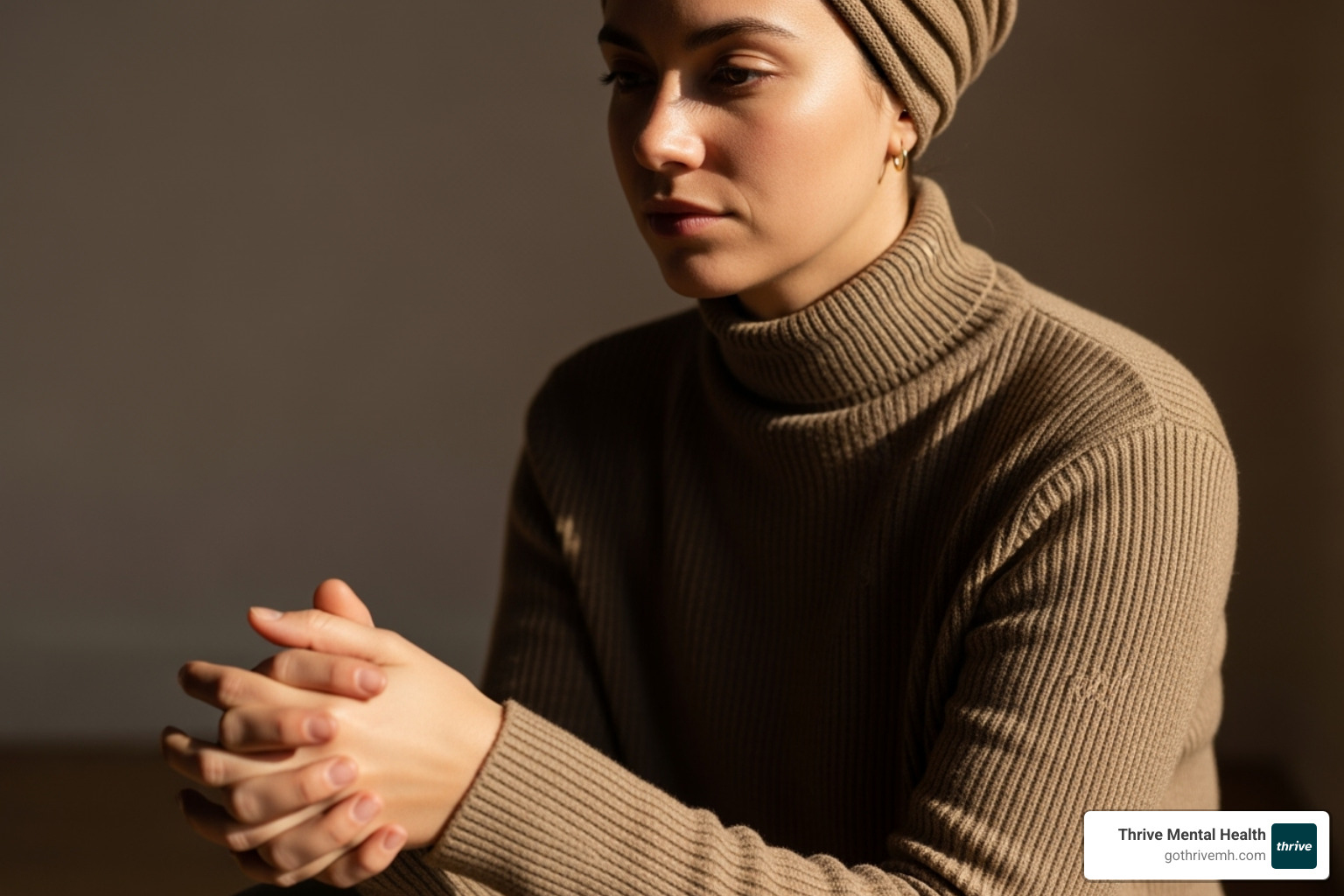 person in quiet reflection, calm, internal emotional state - trauma