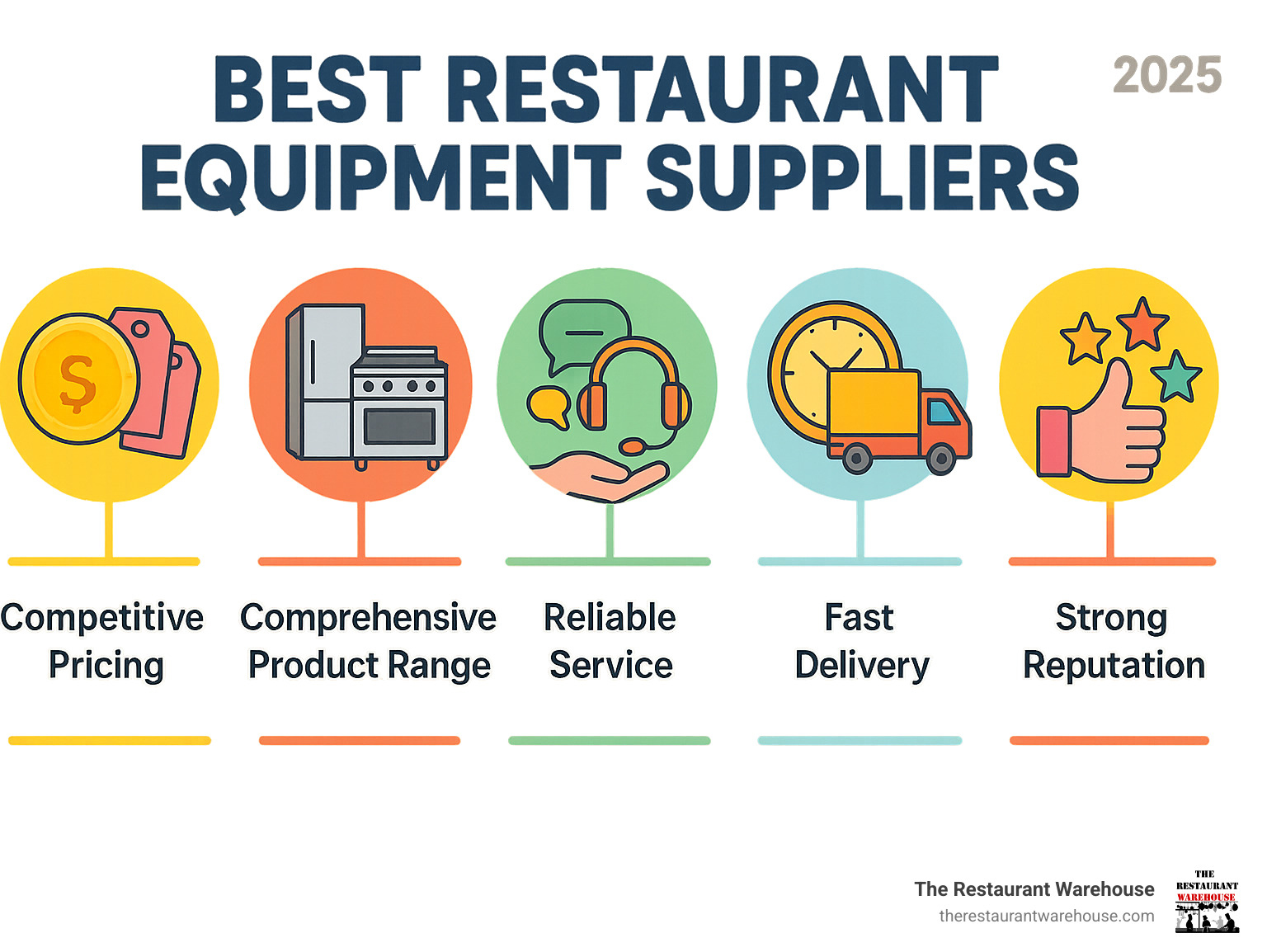 Infographic showing the five key factors in choosing restaurant equipment suppliers: competitive pricing with wholesale rates and volume discounts, comprehensive product range including cooking equipment and refrigeration, reliable service with customer support and technical assistance, fast delivery options with same-day shipping and order tracking, and strong reputation with industry experience and positive customer reviews - best restaurant equipment suppliers infographic 