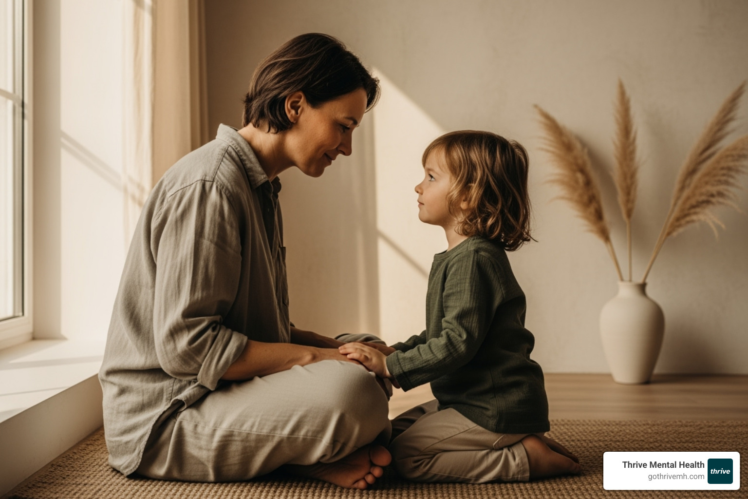parent calmly interacting with a child, illustrating 'mind-mindedness' - attachment based mentalization therapy