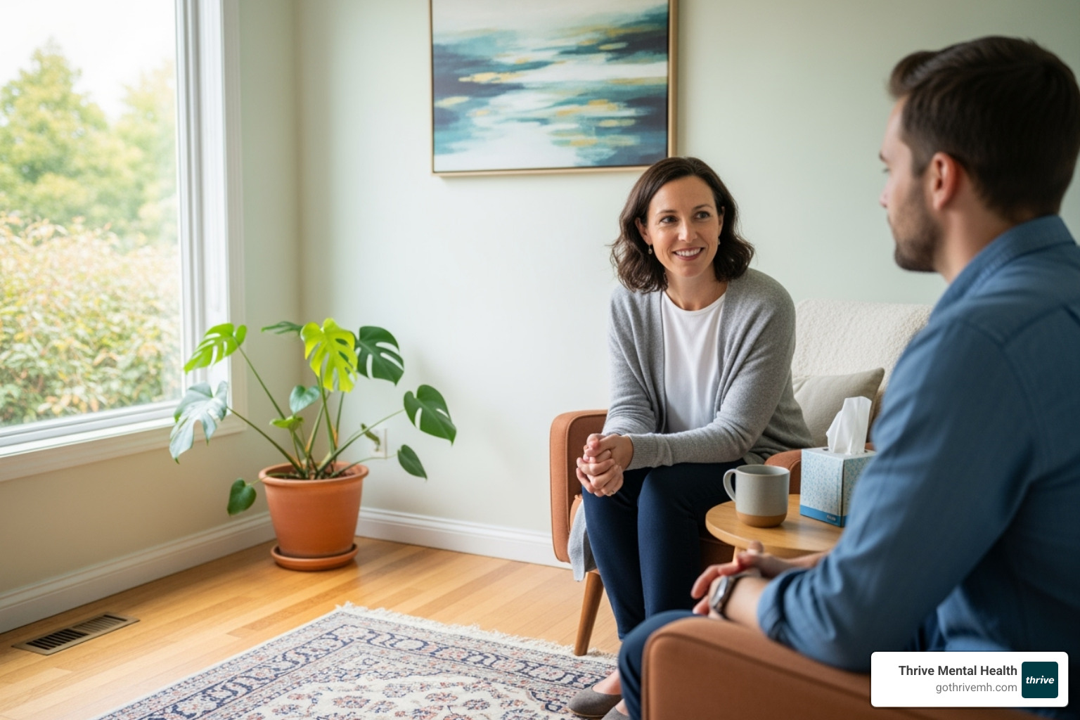 person talking to a therapist in a comfortable, safe-looking office - attachment based mentalization therapy
