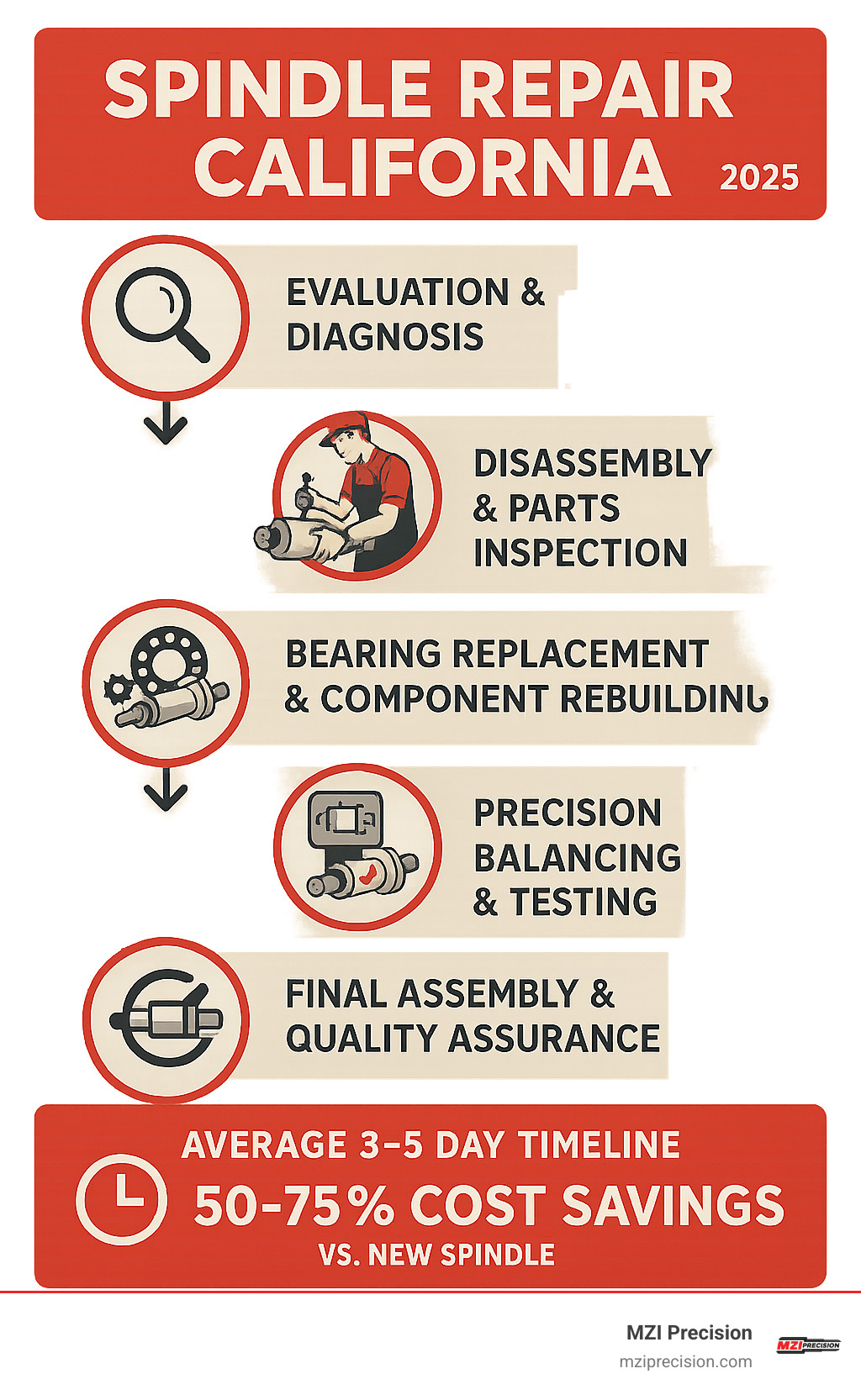 Comprehensive infographic showing spindle repair process in California: evaluation and diagnosis phase, disassembly and parts inspection, bearing replacement and component rebuilding, precision balancing and testing, final assembly and quality assurance, with average 3-5 day timeline and 50-75% cost savings compared to new spindle replacement - Spindle repair california infographic Comprehensive infographic showing spindle repair process in California: evaluation and diagnosis phase, disassembly and parts inspection, bearing replacement and component rebuilding, precision balancing and testing, final assembly and quality assurance, with average 3-5 day timeline and 50-75% cost savings compared to new spindle replacement - Spindle repair california infographic