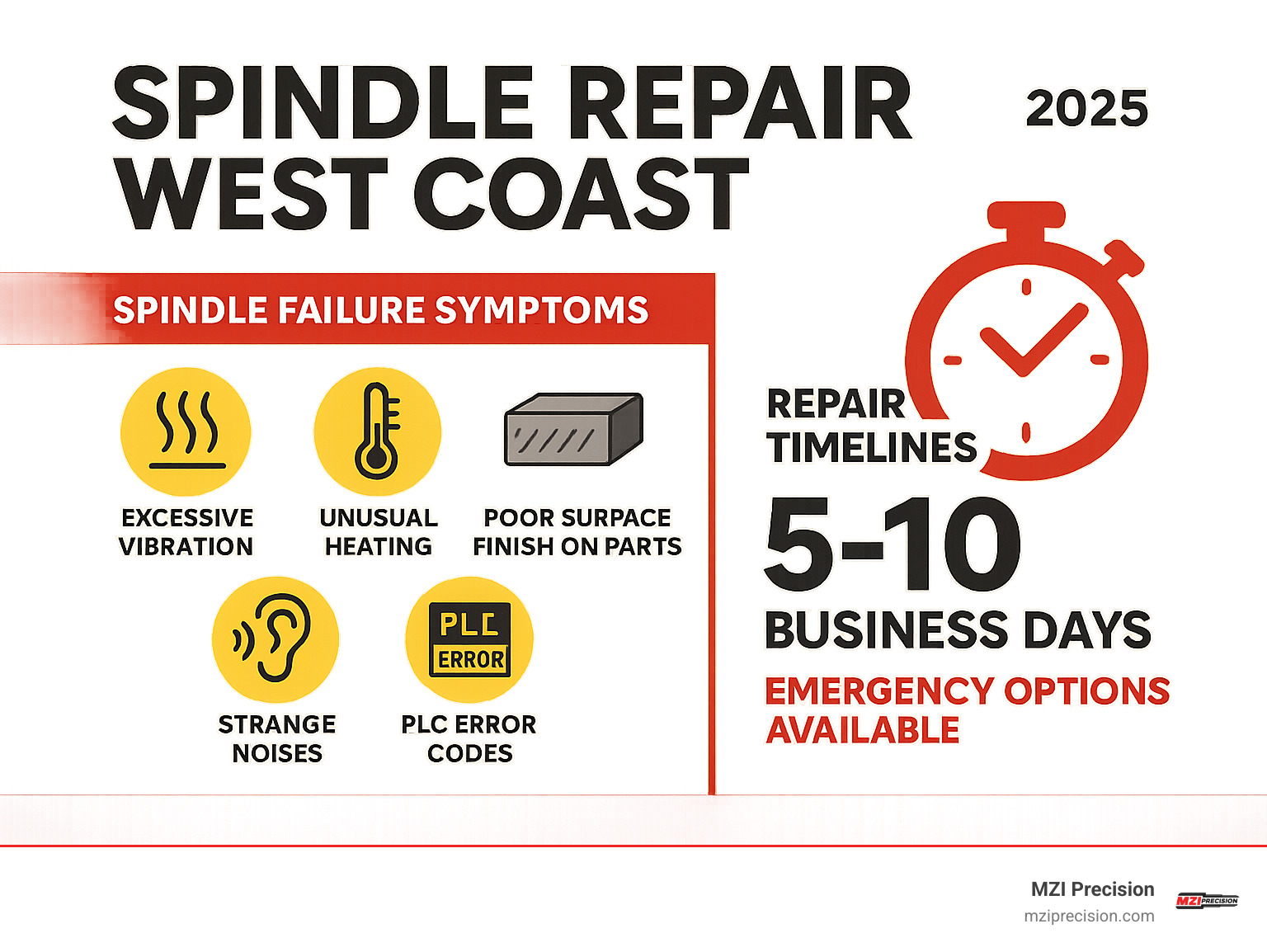 Comprehensive infographic showing common spindle failure symptoms including excessive vibration, unusual heating, poor surface finish on parts, strange noises during operation, and PLC error codes, along with typical repair timelines of 5-10 business days for standard repairs and emergency options available - spindle repair west coast infographic Comprehensive infographic showing common spindle failure symptoms including excessive vibration, unusual heating, poor surface finish on parts, strange noises during operation, and PLC error codes, along with typical repair timelines of 5-10 business days for standard repairs and emergency options available - spindle repair west coast infographic