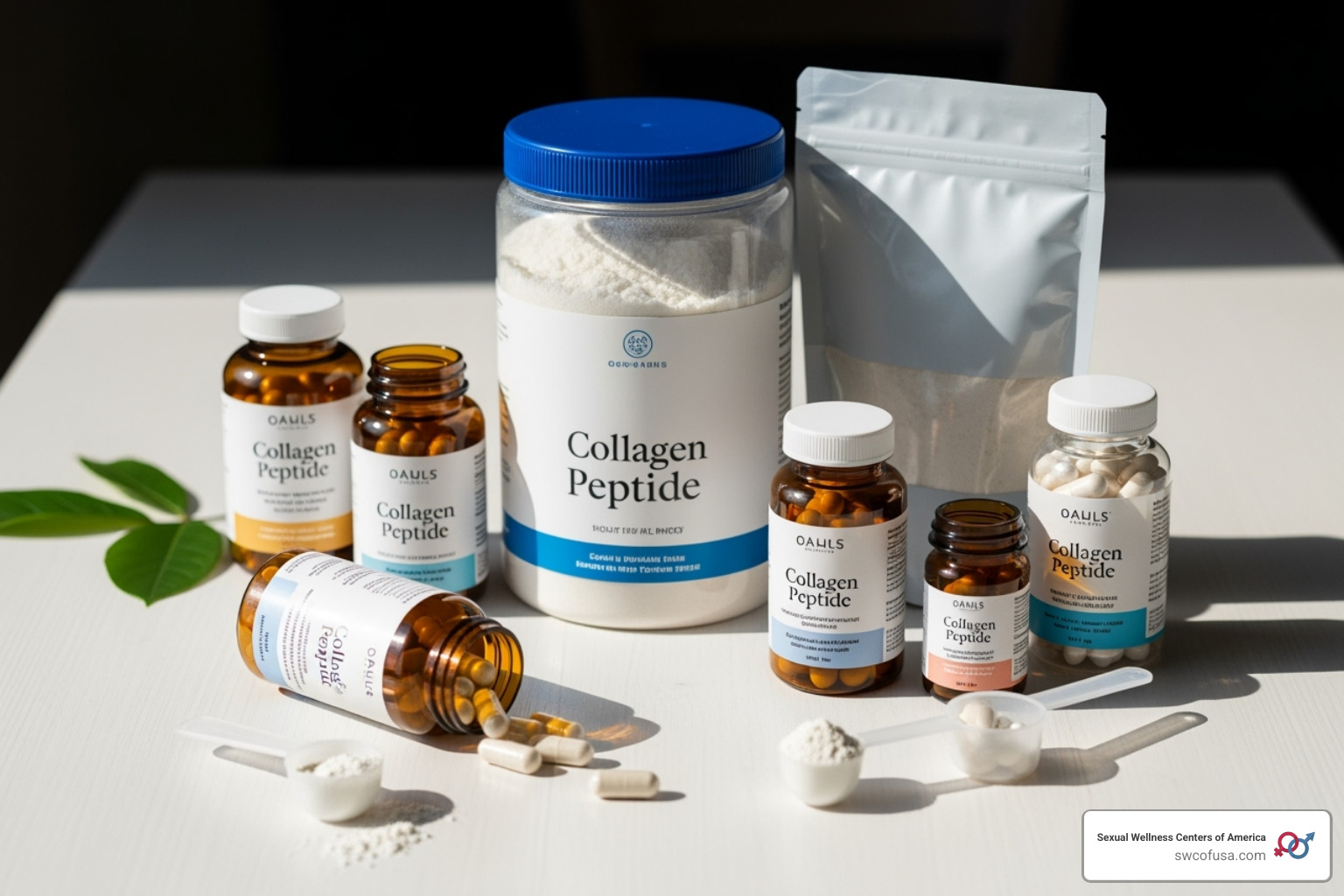 Different forms of collagen peptide supplements, including powder and capsules - peptide supplements for skin Different forms of collagen peptide supplements, including powder and capsules - peptide supplements for skin