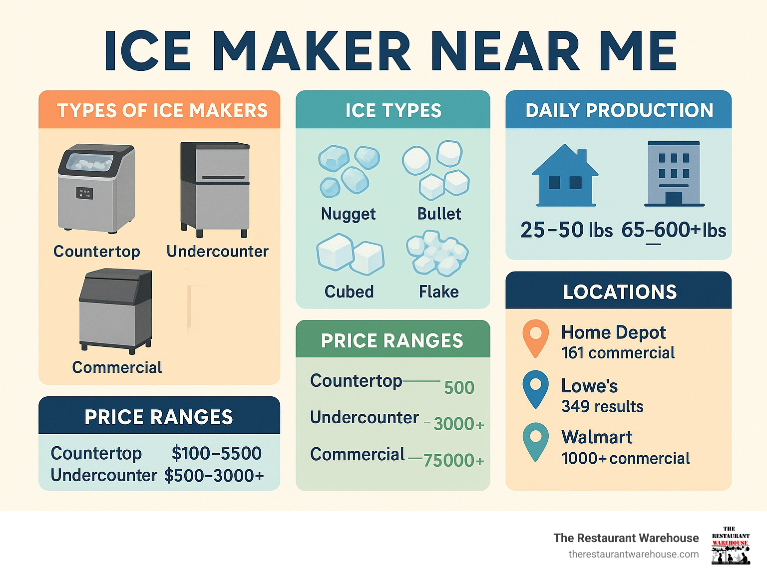 Comprehensive ice maker buying guide infographic showing types of ice makers (countertop, undercounter, commercial), ice types (nugget, bullet, cubed, flake), daily production capacities (25-50 lbs for home, 65-600+ lbs commercial), price ranges by category, and major local retailer locations with stock quantities - ice maker near me infographic 
