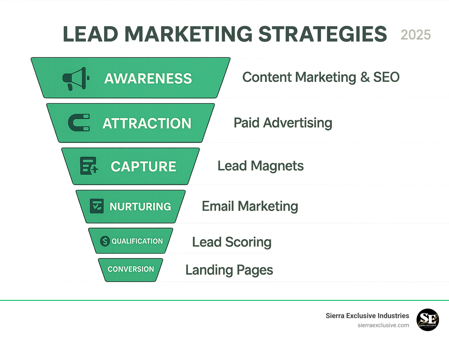 Comprehensive lead generation process showing stages from awareness through attraction, capture, nurturing, qualification, and conversion with specific tactics for each stage - lead marketing strategies infographic 