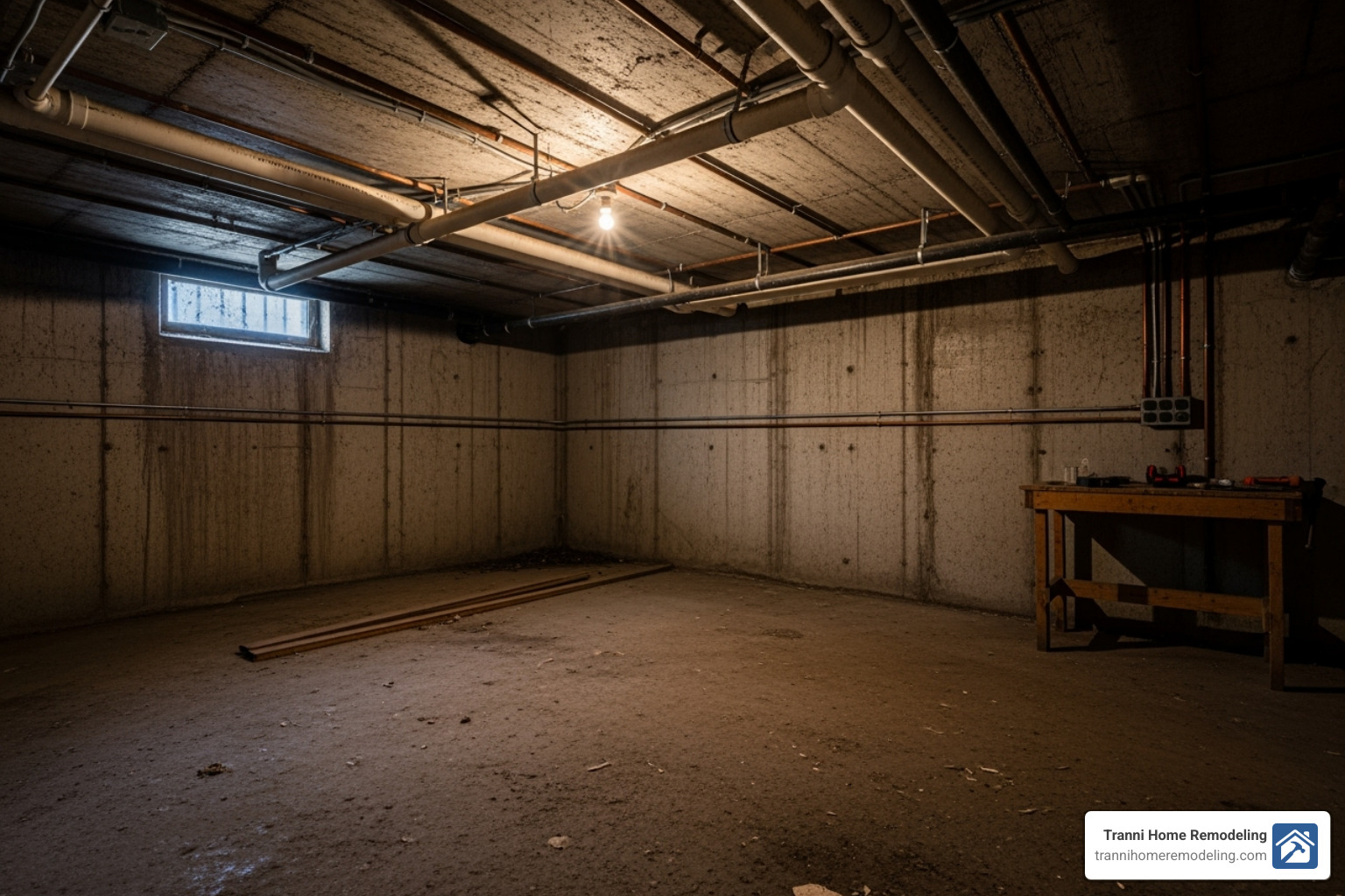 dark, unfinished basement with visible concrete walls and pipes - basement finishing specialists
