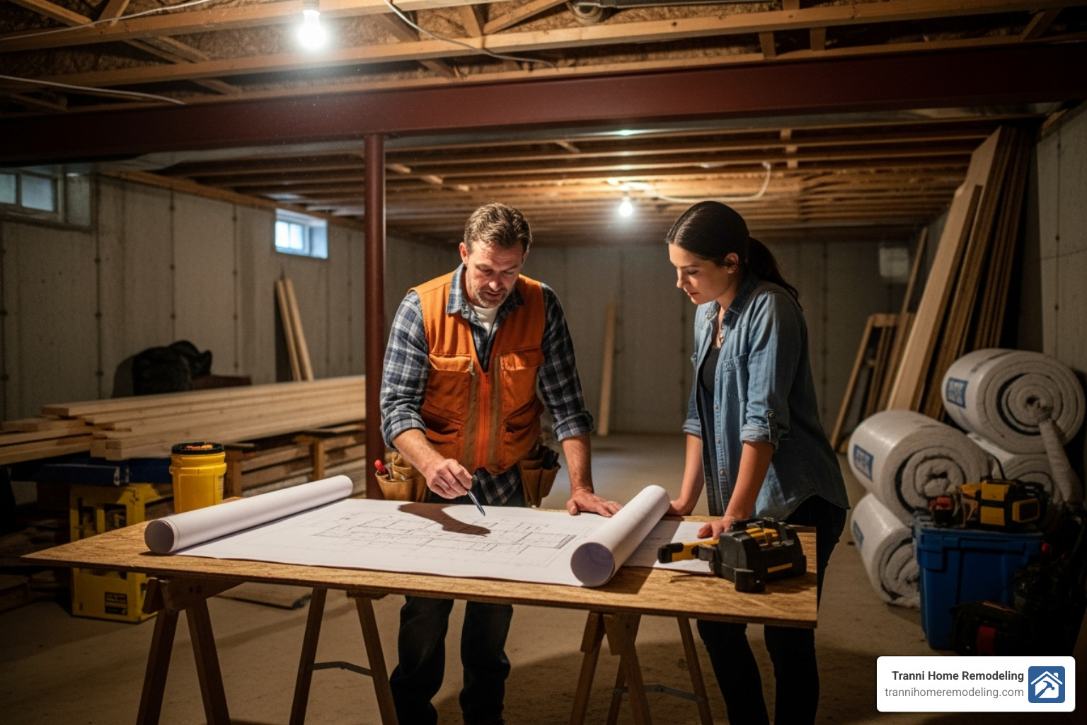 contractor and homeowner reviewing blueprints in an unfinished basement - basement finishing specialists