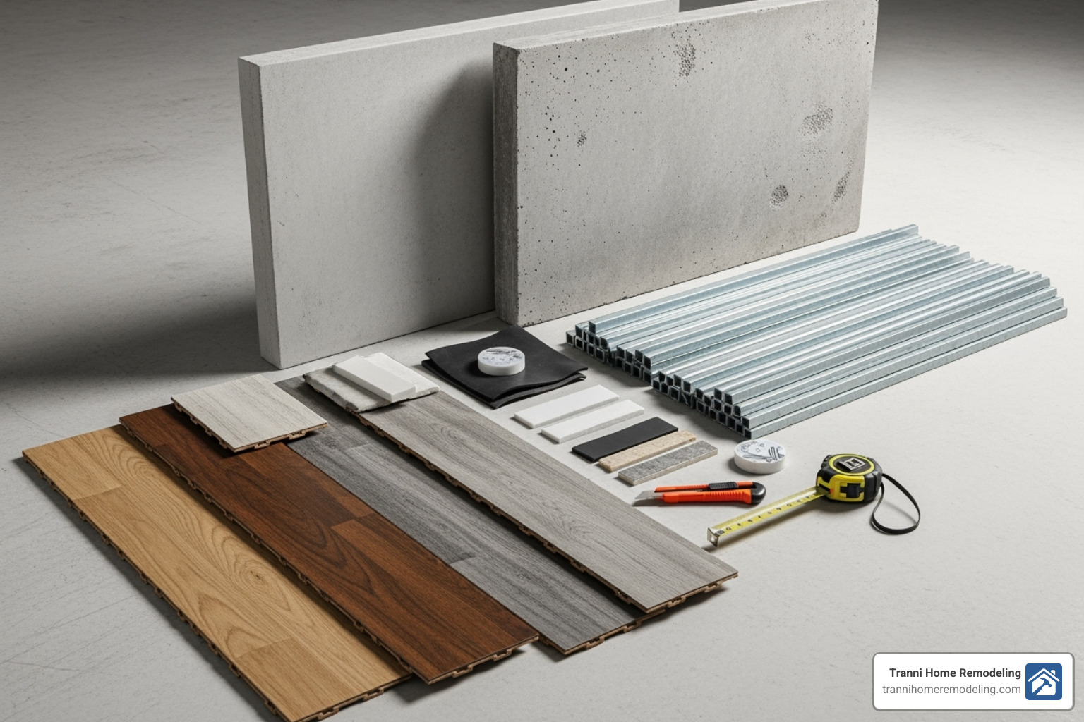 various waterproof basement material samples, like vinyl plank flooring and cement wall panels - basement finishing specialists