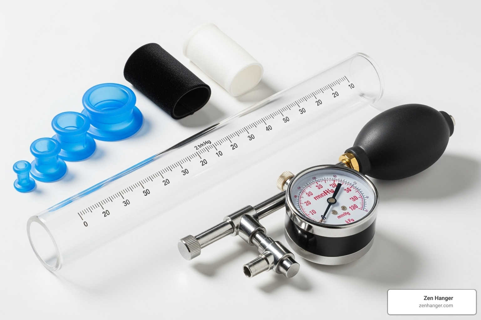 Complete penis pump kit with gauge, cleaning tools, and storage case