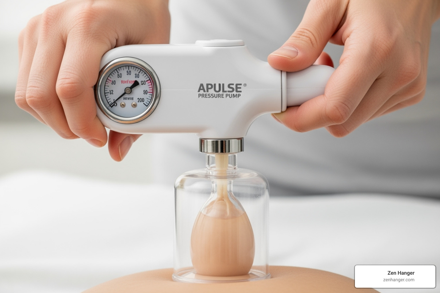 Illustration of correct penis pump application with pressure gauge