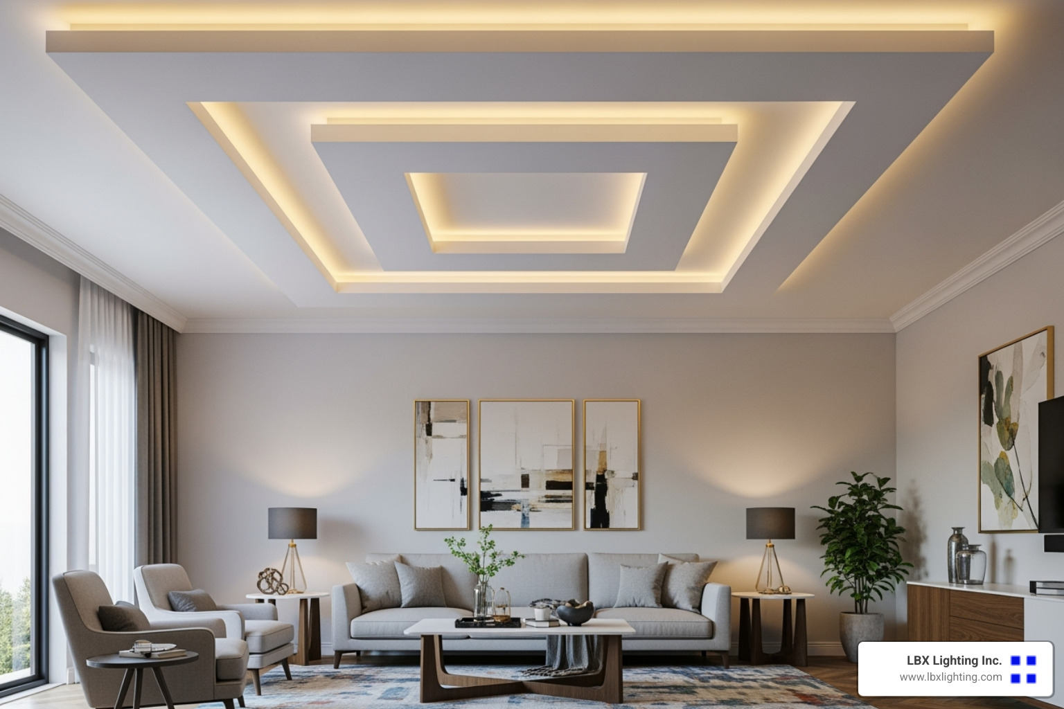 tray ceiling with integrated cove lighting casting a soft glow - contemporary ceiling design for living room