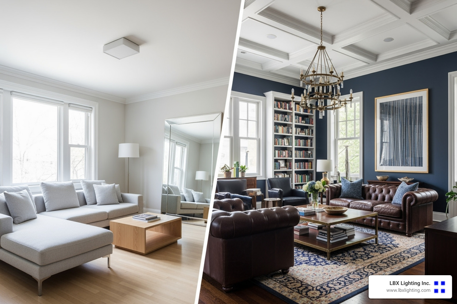 two living rooms side-by-side, one with a low ceiling and one with a high ceiling, showing different design approaches - contemporary ceiling design for living room