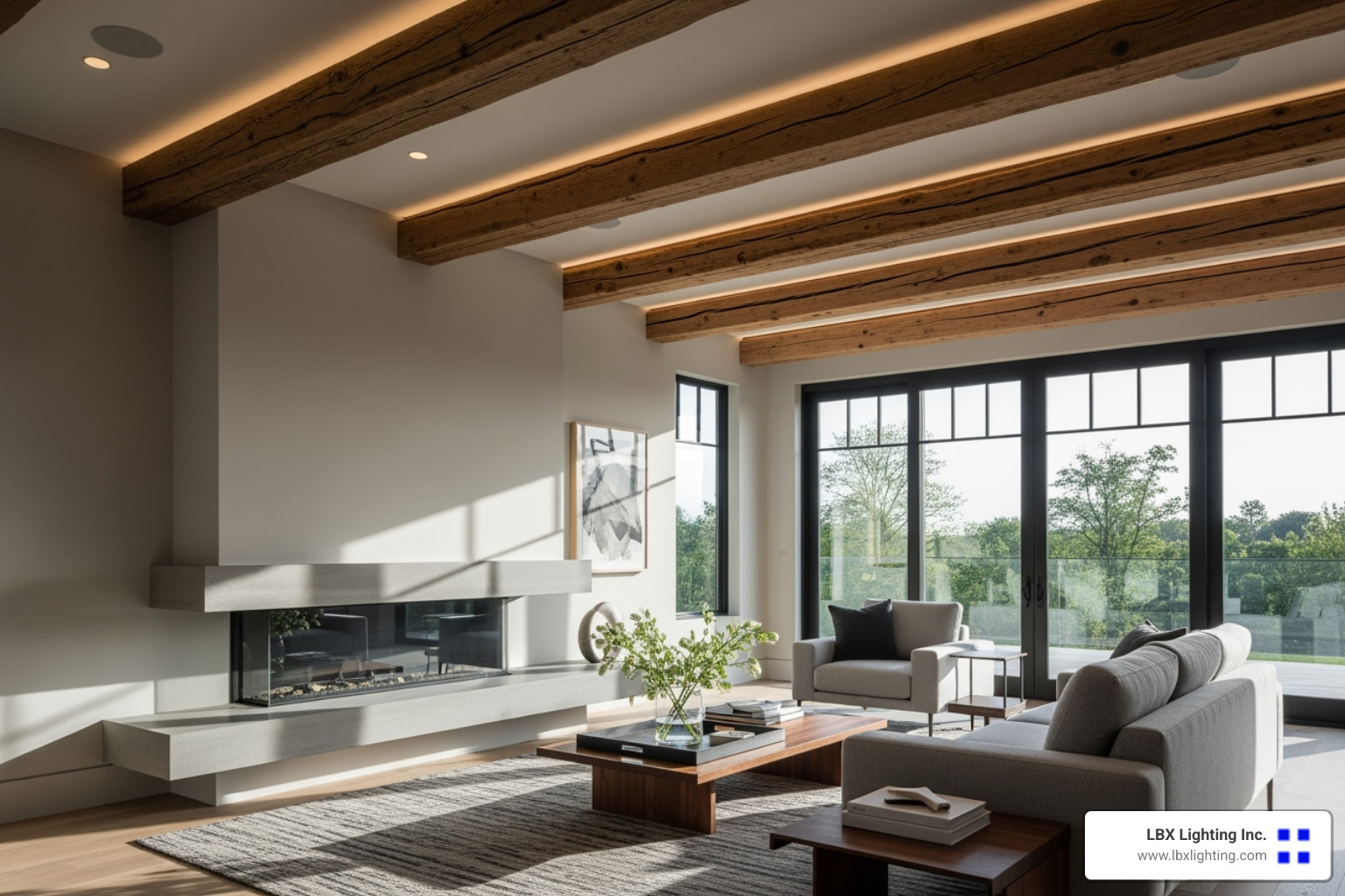 modern living room featuring dramatic exposed wood beams - contemporary ceiling design for living room